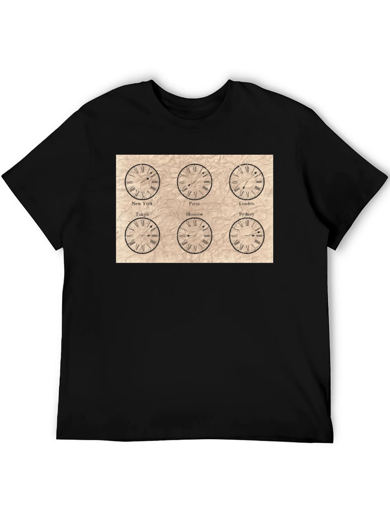 Camiseta Negra con Dise?o de Hora Mundial