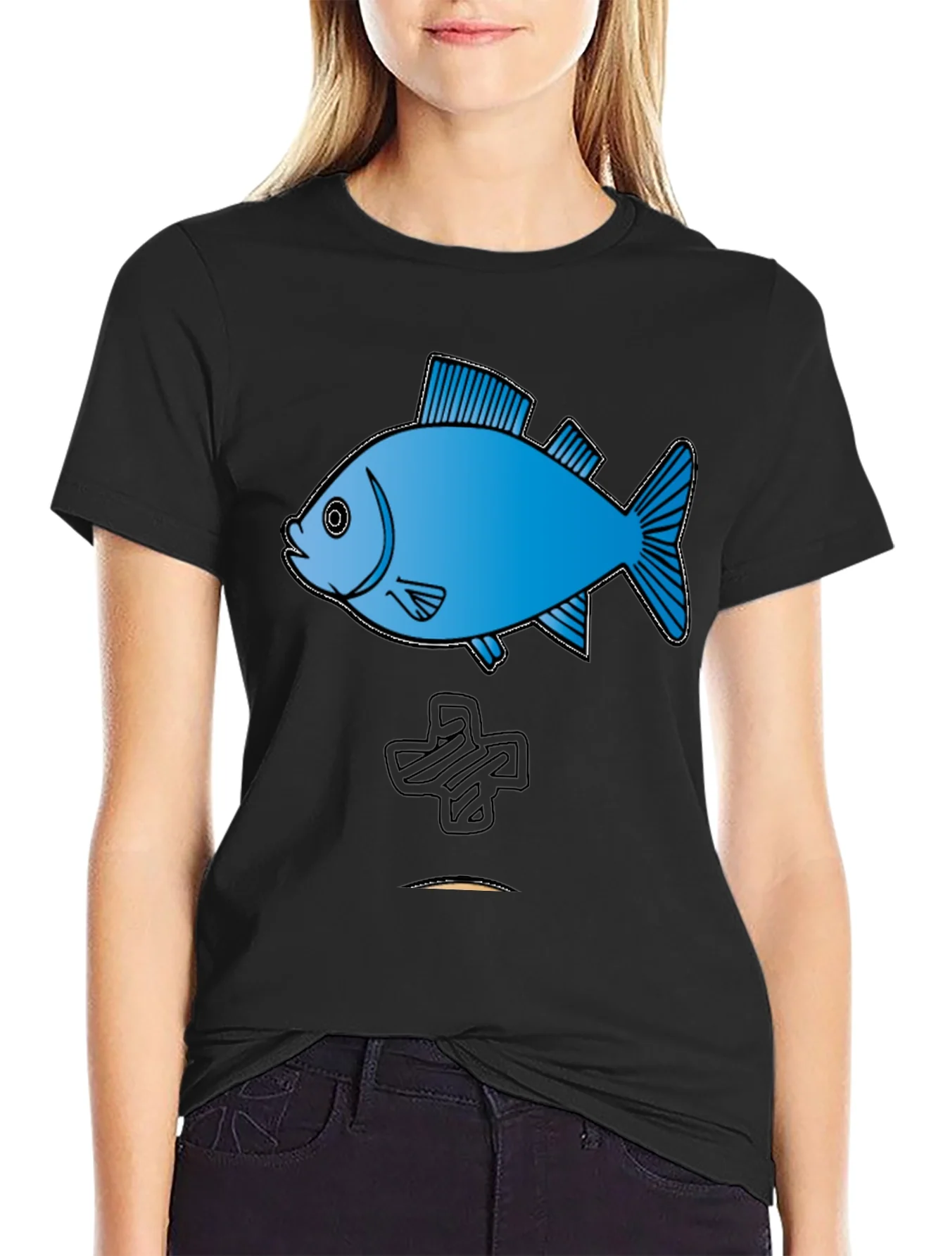 Camiseta Negra con Dise?o de Pez Azul