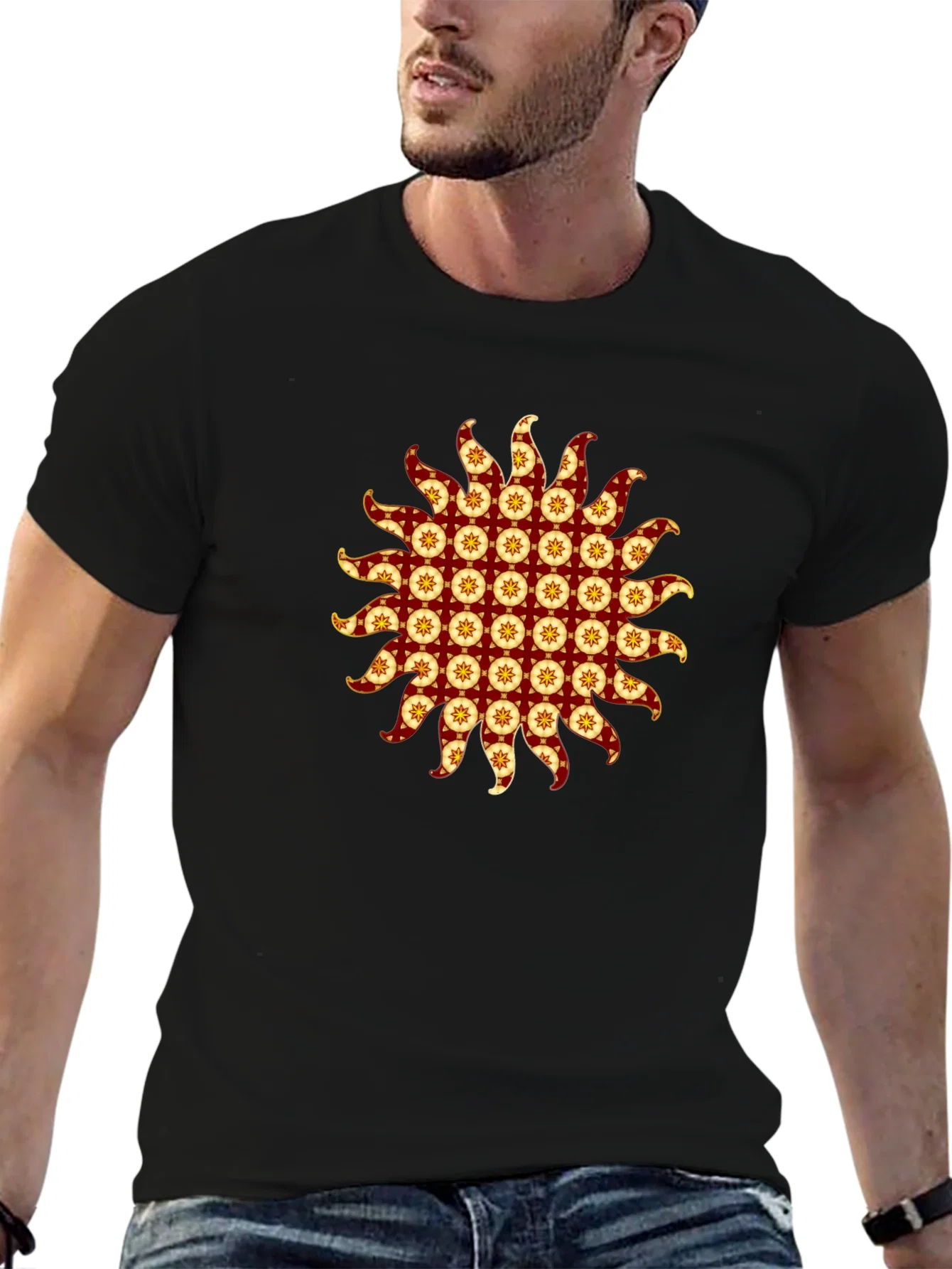 Rebbecca Stylish Black T-Shirt with Sunburst Graphic