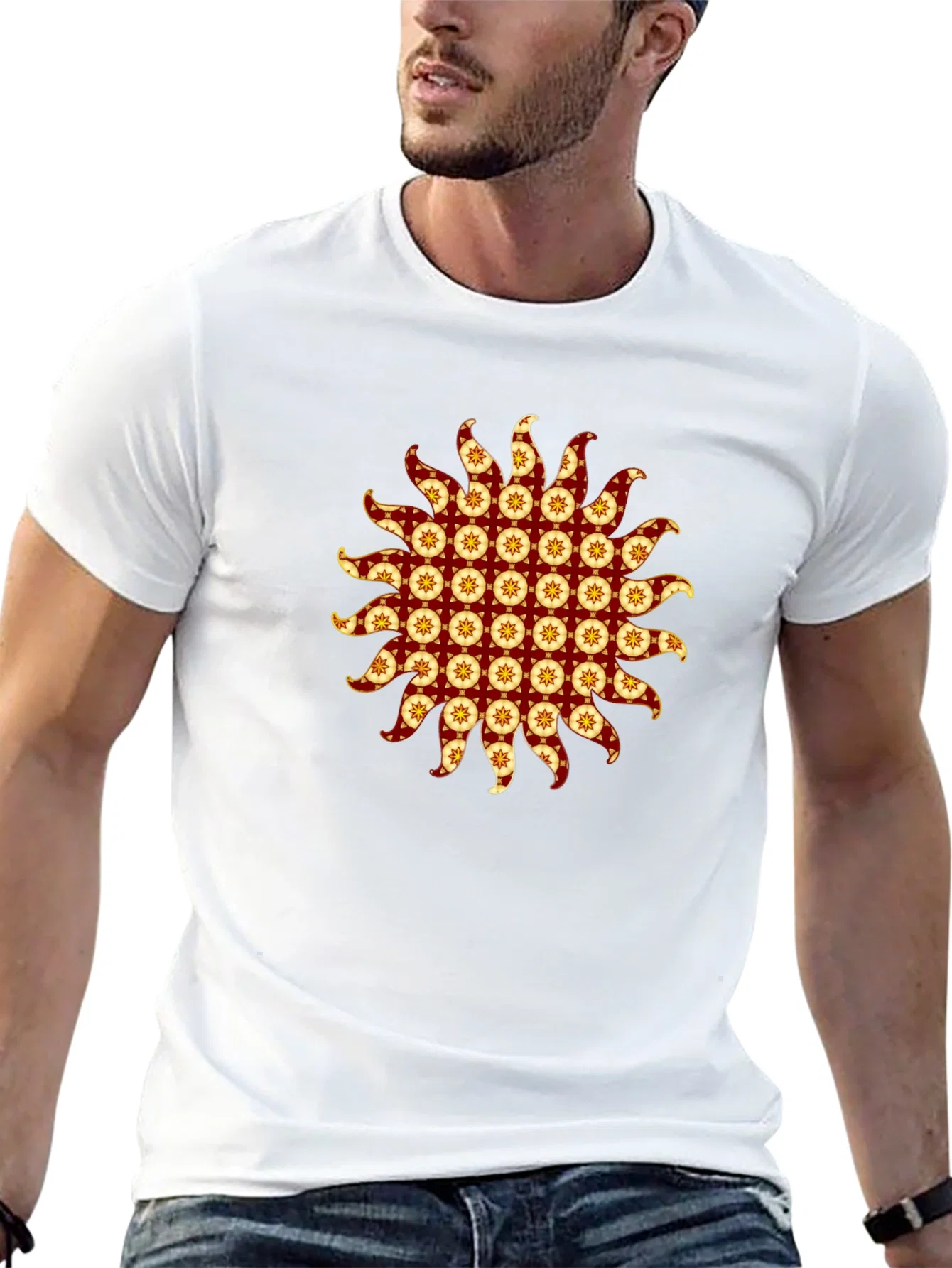 Rebbecca Stylish Black T-Shirt with Sunburst Graphic