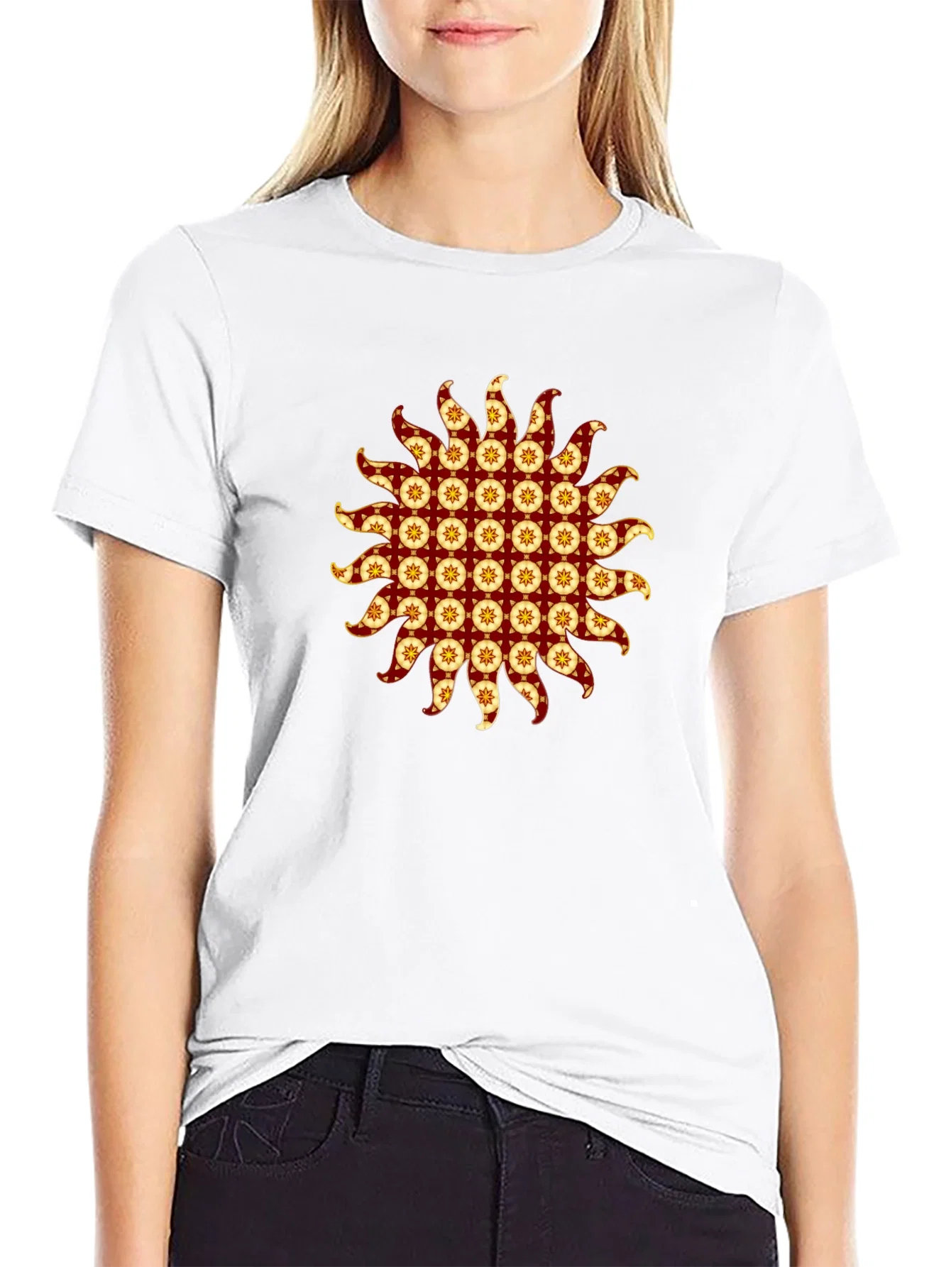 Rebbecca Stylish Black T-Shirt with Sunburst Graphic