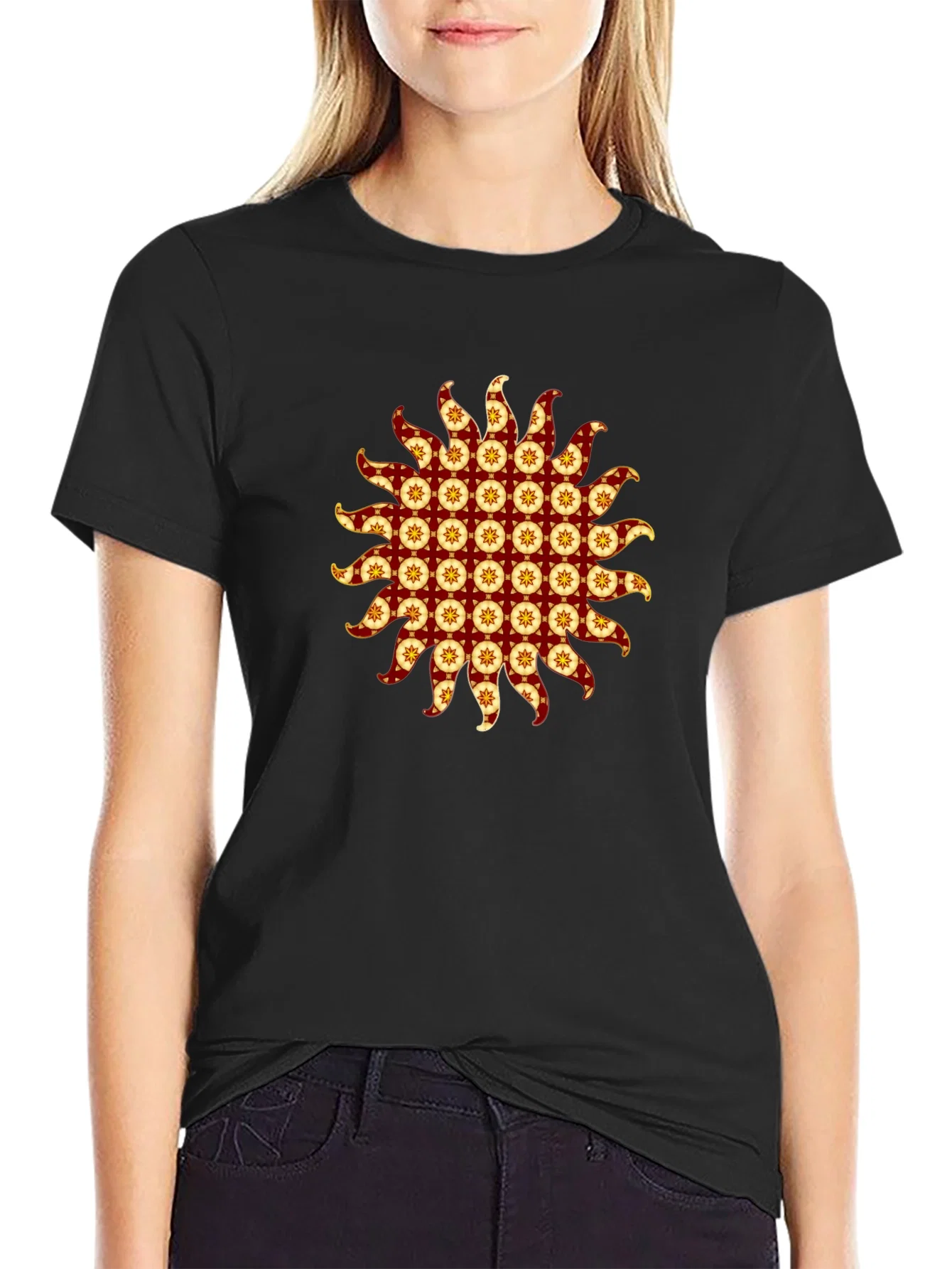 Rebbecca Stylish Black T-Shirt with Sunburst Graphic