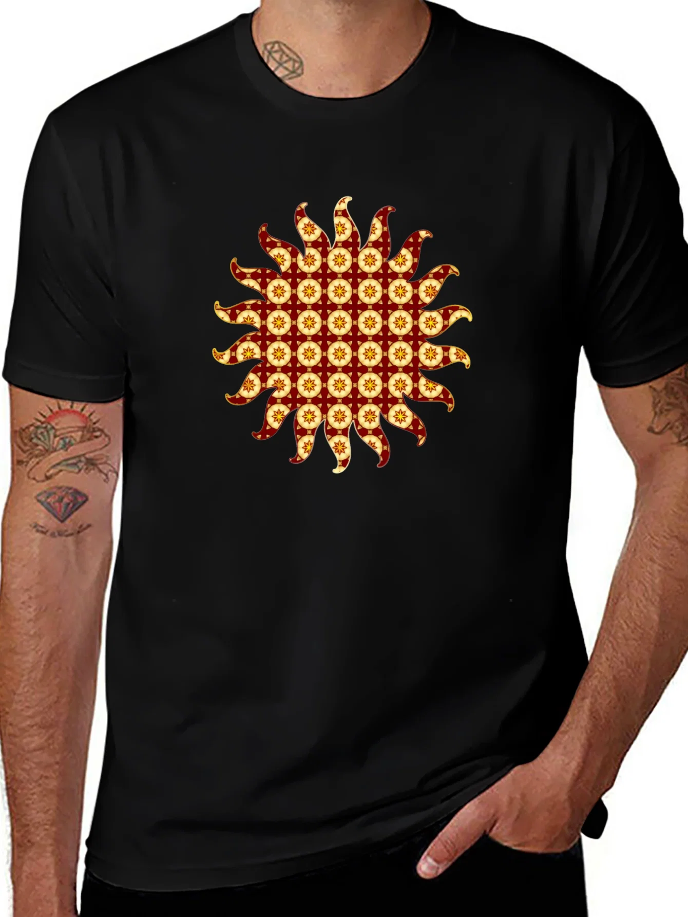 Rebbecca Stylish Black T-Shirt with Sunburst Graphic