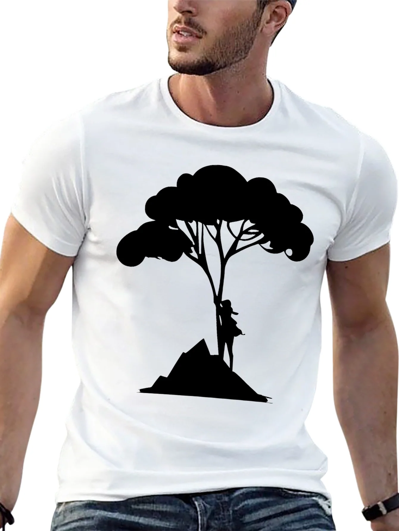 Camiseta Negra con Dise?o de ¨¢rbol y Monta?a