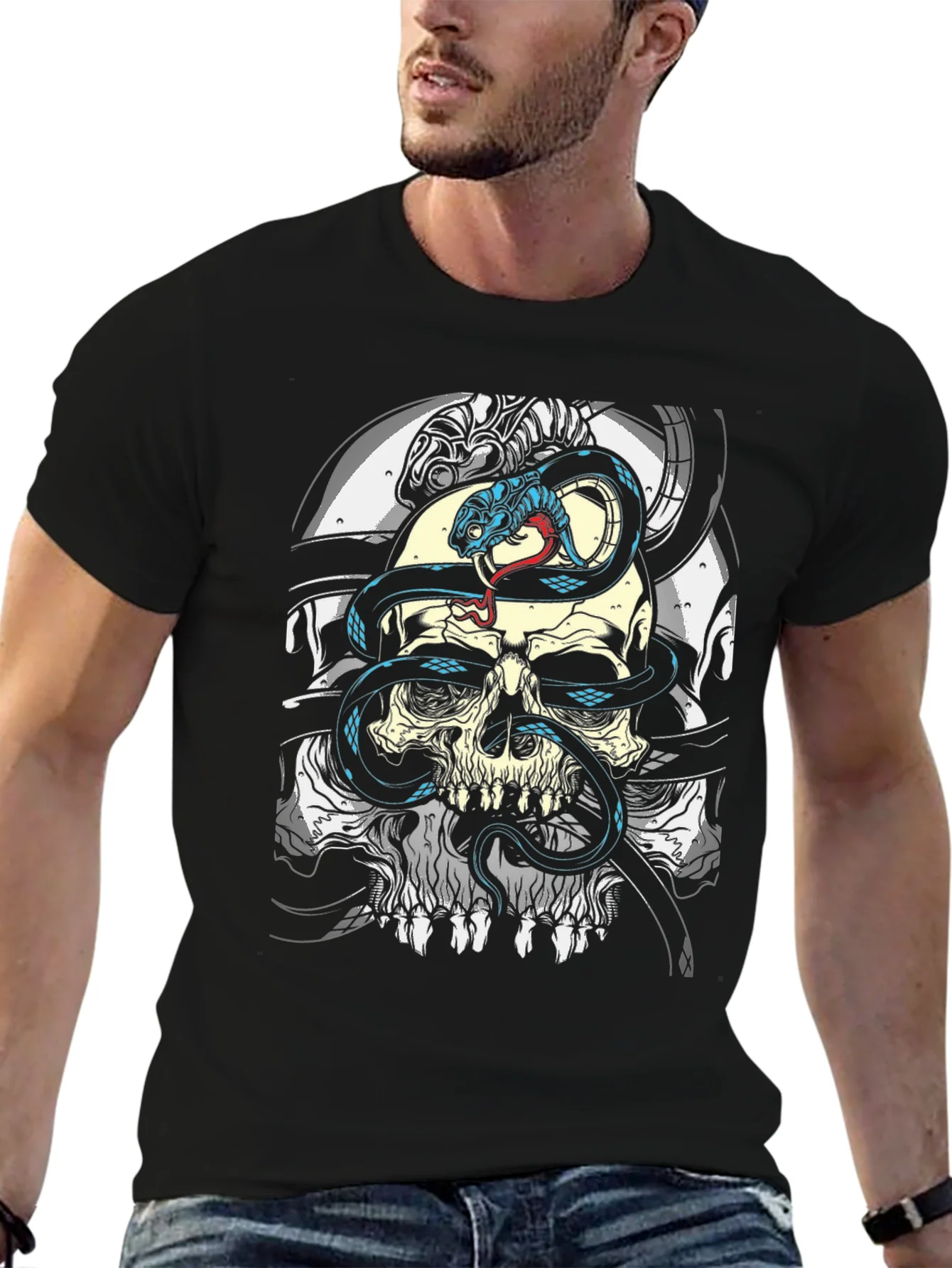 Camiseta Negra Calavera y Serpiente para Hombre