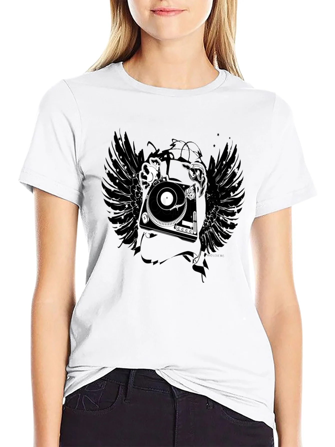 Rebbecca DJ Turntable Wings Black Graphic Tee