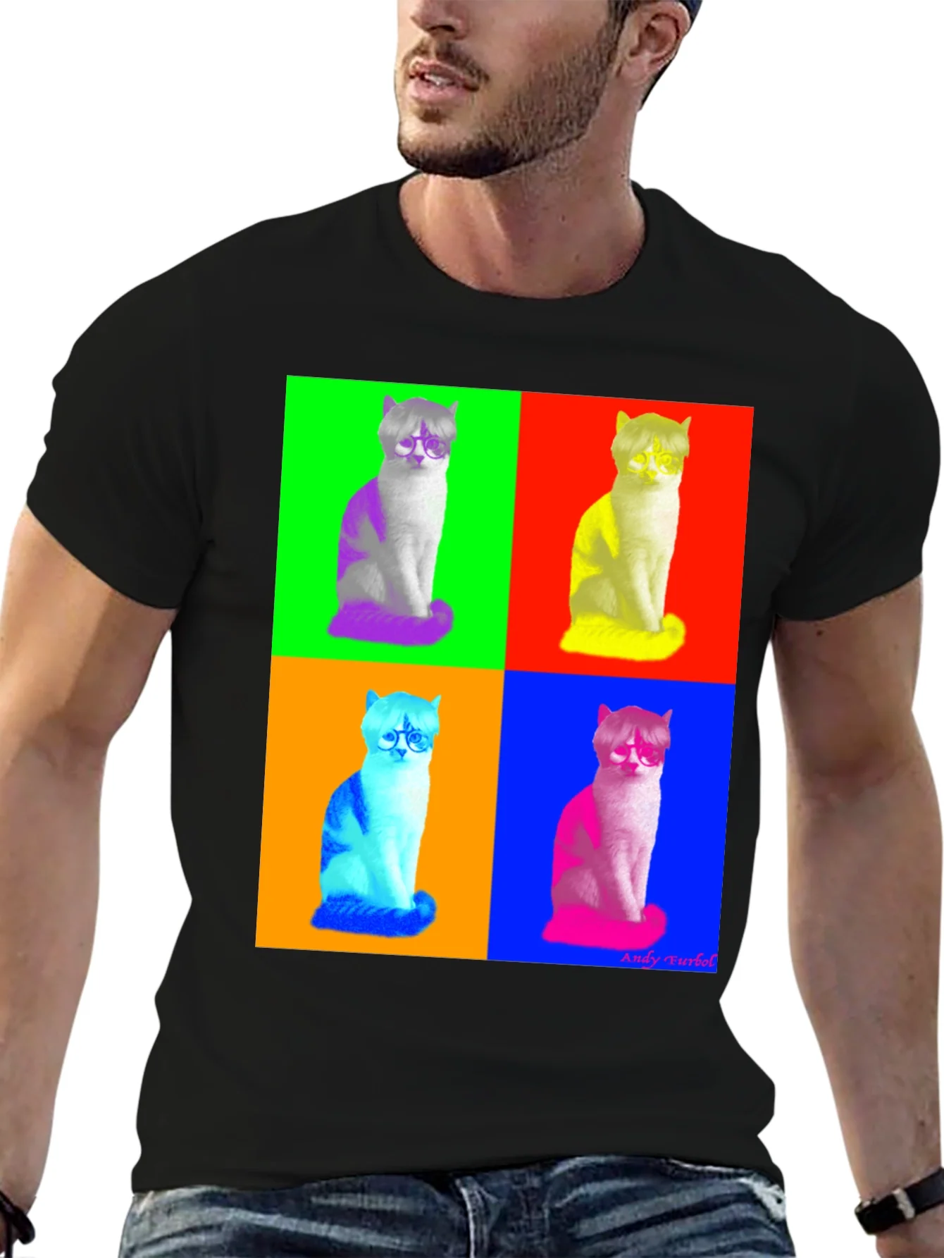 Camiseta Negra con Dise?o Pop Art de Gato