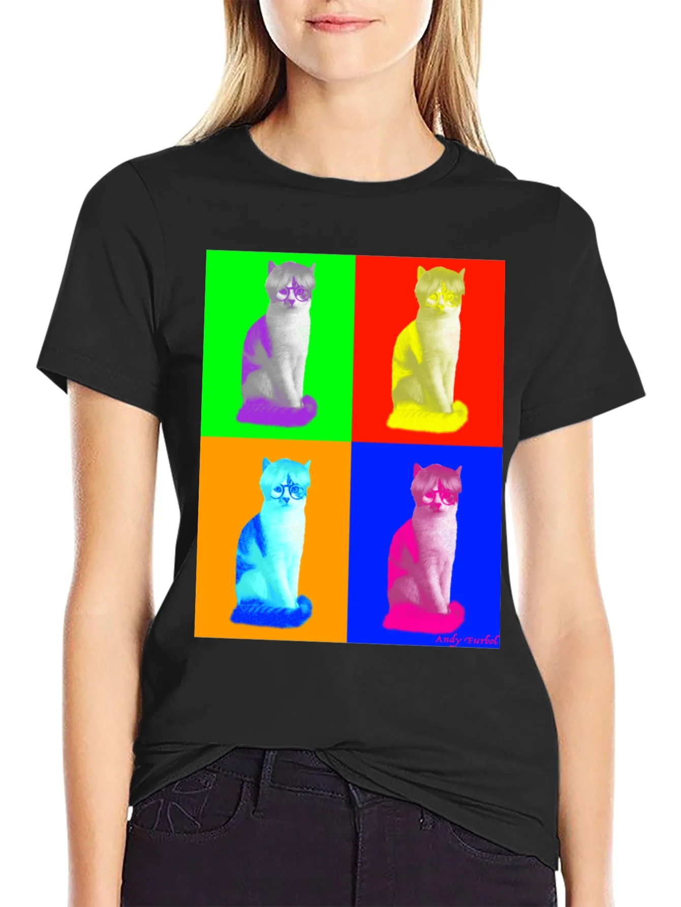 Camiseta Negra con Dise?o Pop Art de Gato