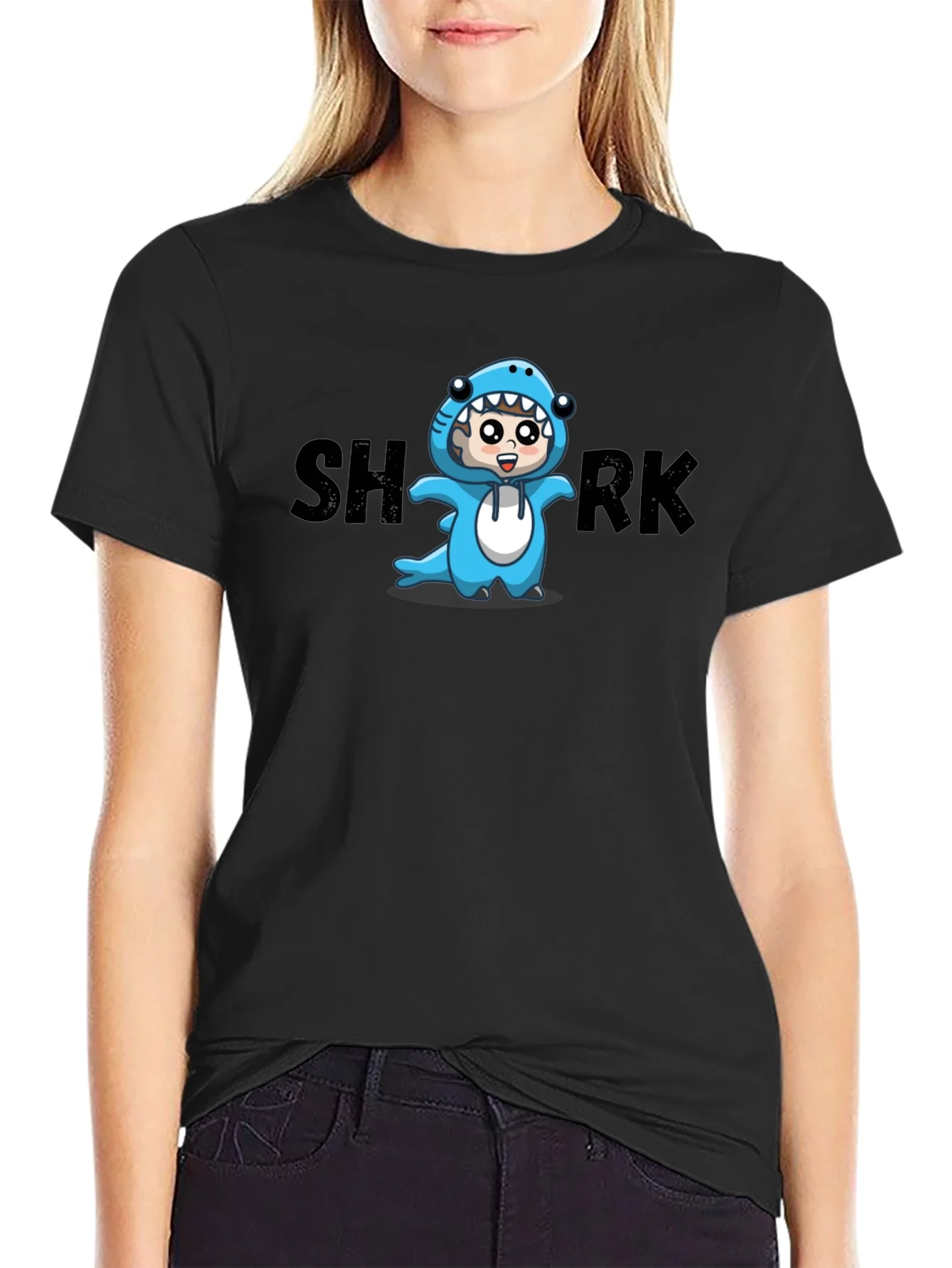 Rebbecca Cartoon Shark Graphic Tee - Black Cotton Blend