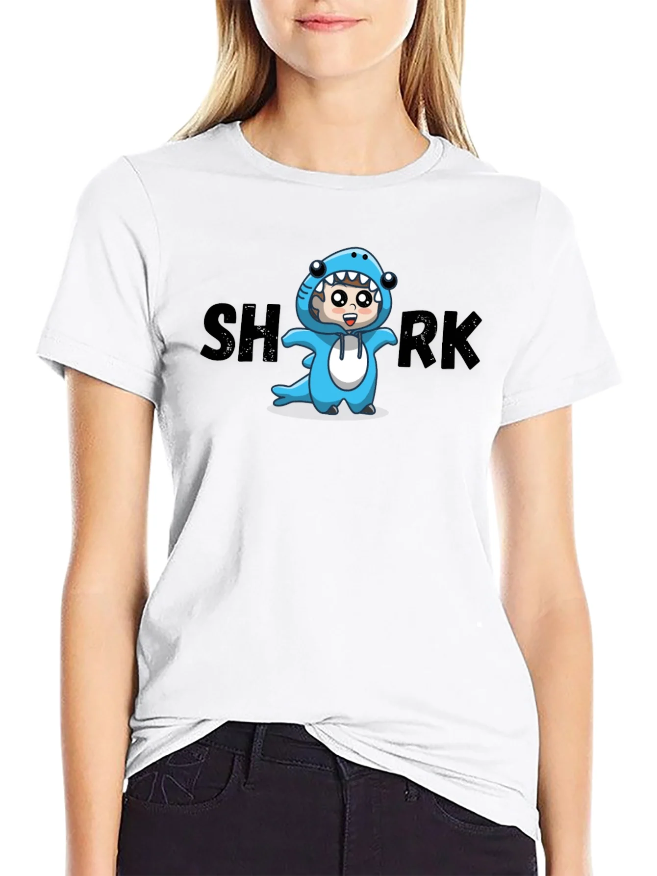 Rebbecca Cartoon Shark Graphic Tee - Black Cotton Blend
