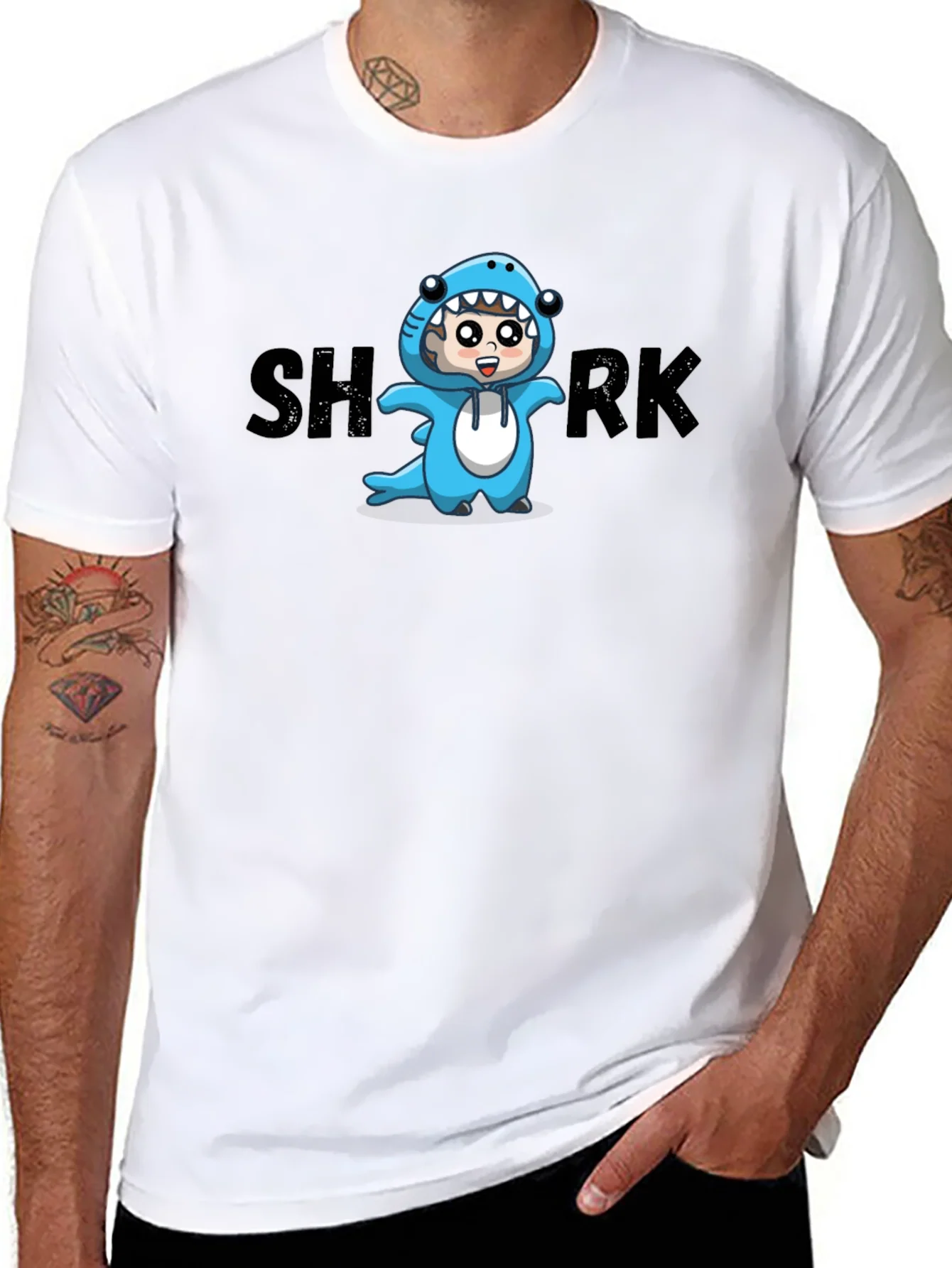 Rebbecca Cartoon Shark Graphic Tee - Black Cotton Blend
