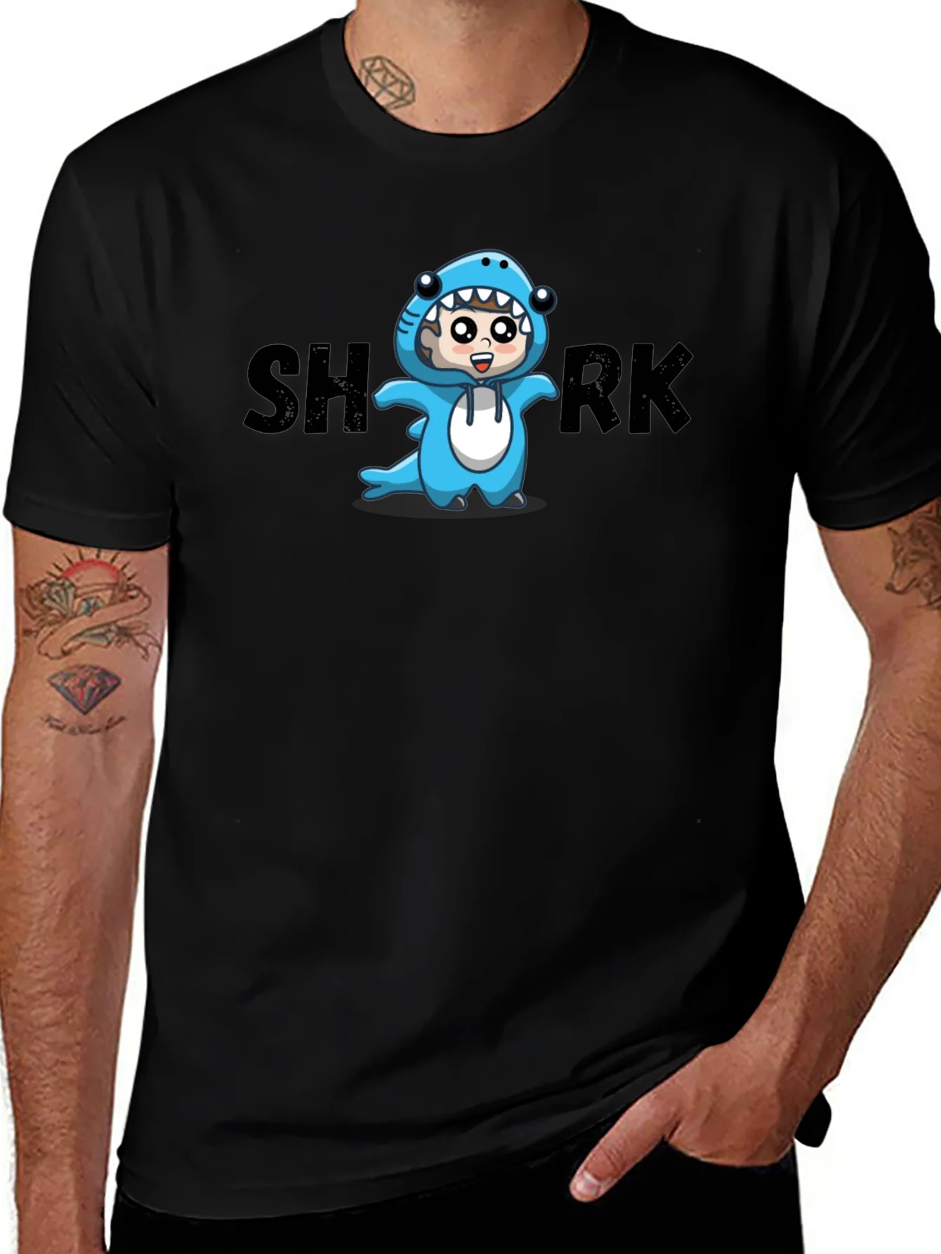 Rebbecca Cartoon Shark Graphic Tee - Black Cotton Blend