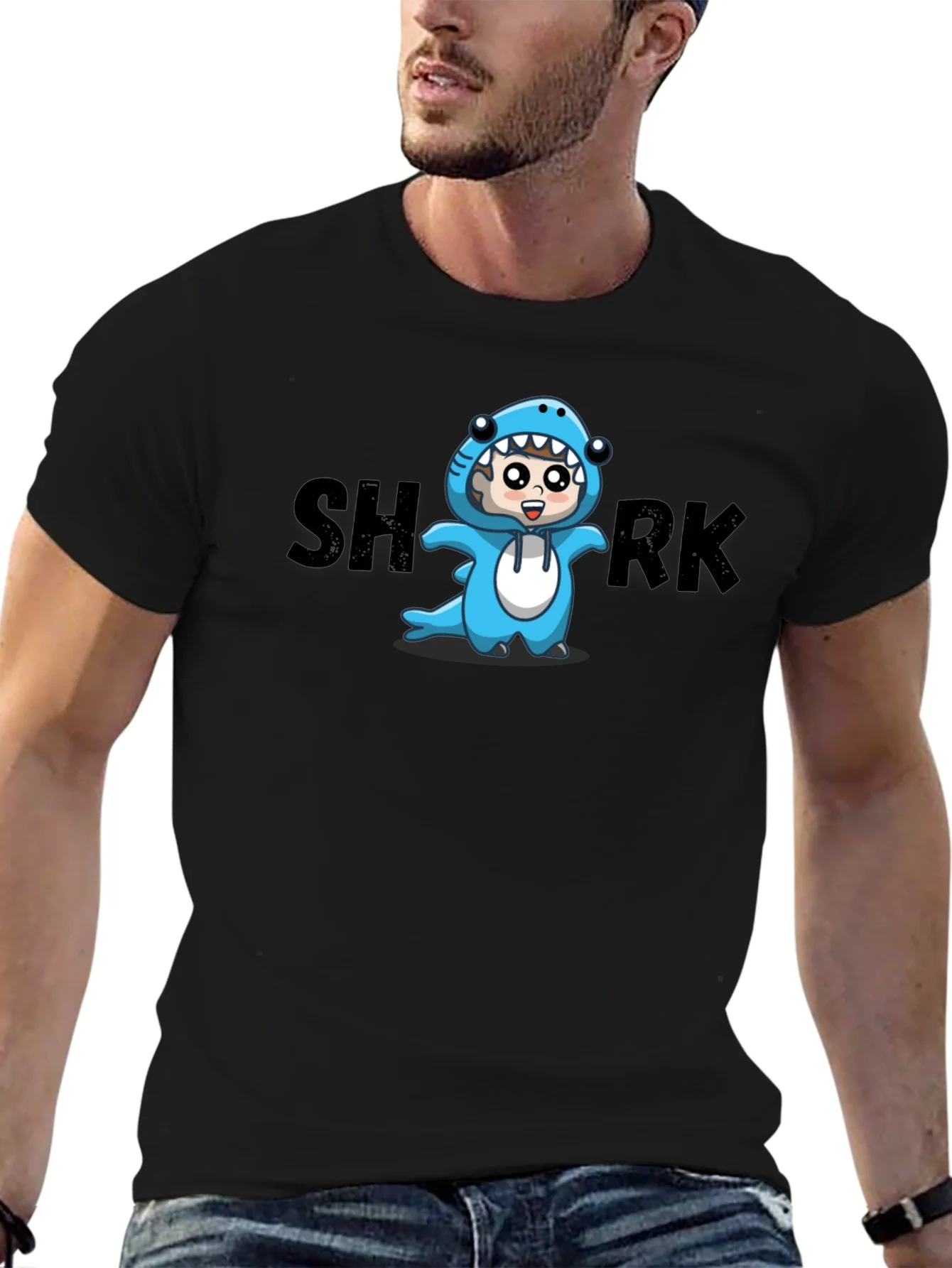 Rebbecca Cartoon Shark Graphic Tee - Black Cotton Blend