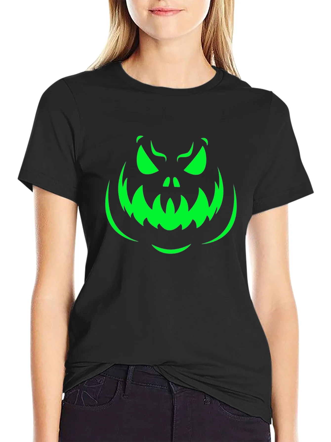 Rebbecca Spooky Pumpkin Face Halloween T-Shirt - Black