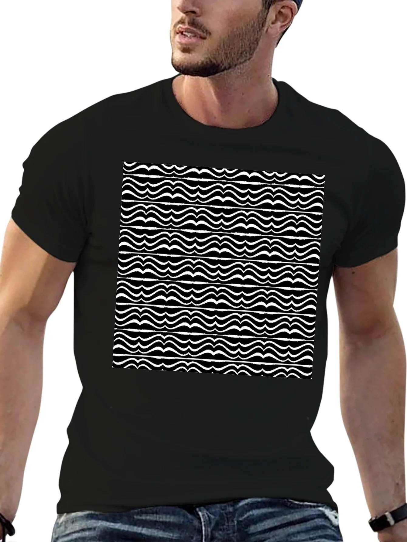 Camiseta Negra con Ondas Abstractas Blancas