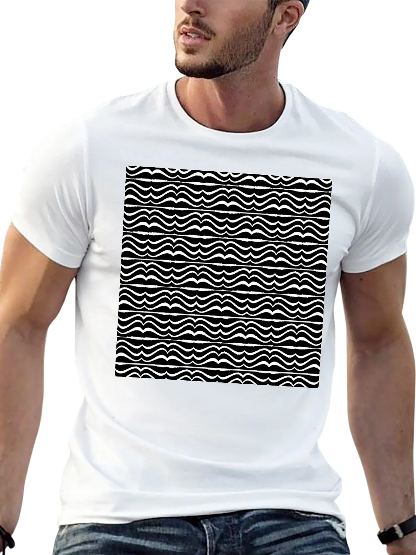 Camiseta Negra con Ondas Abstractas Blancas