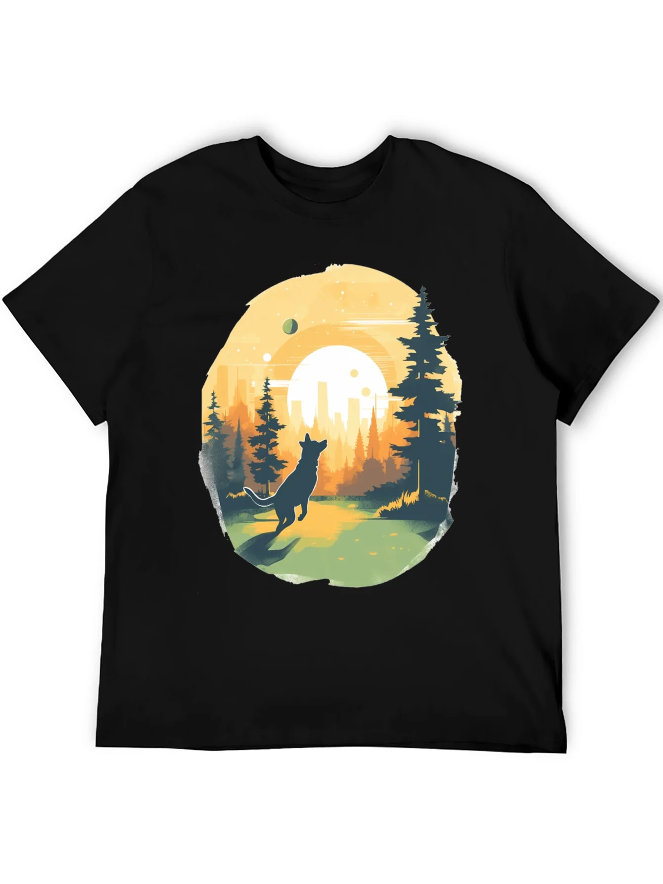 Camiseta Negra Dise?o Lobo y Paisaje Urbano