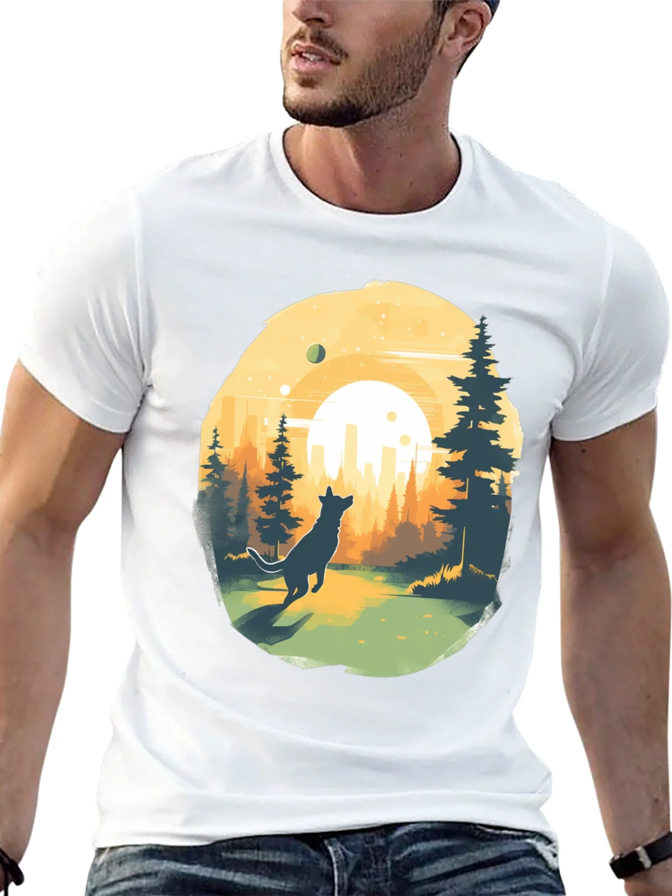 Camiseta Negra Dise?o Lobo y Paisaje Urbano