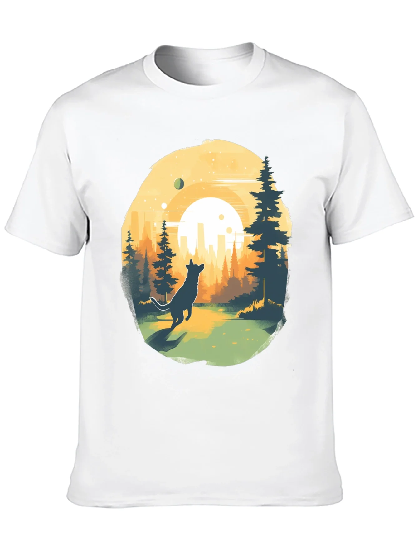 Camiseta Negra Dise?o Lobo y Paisaje Urbano