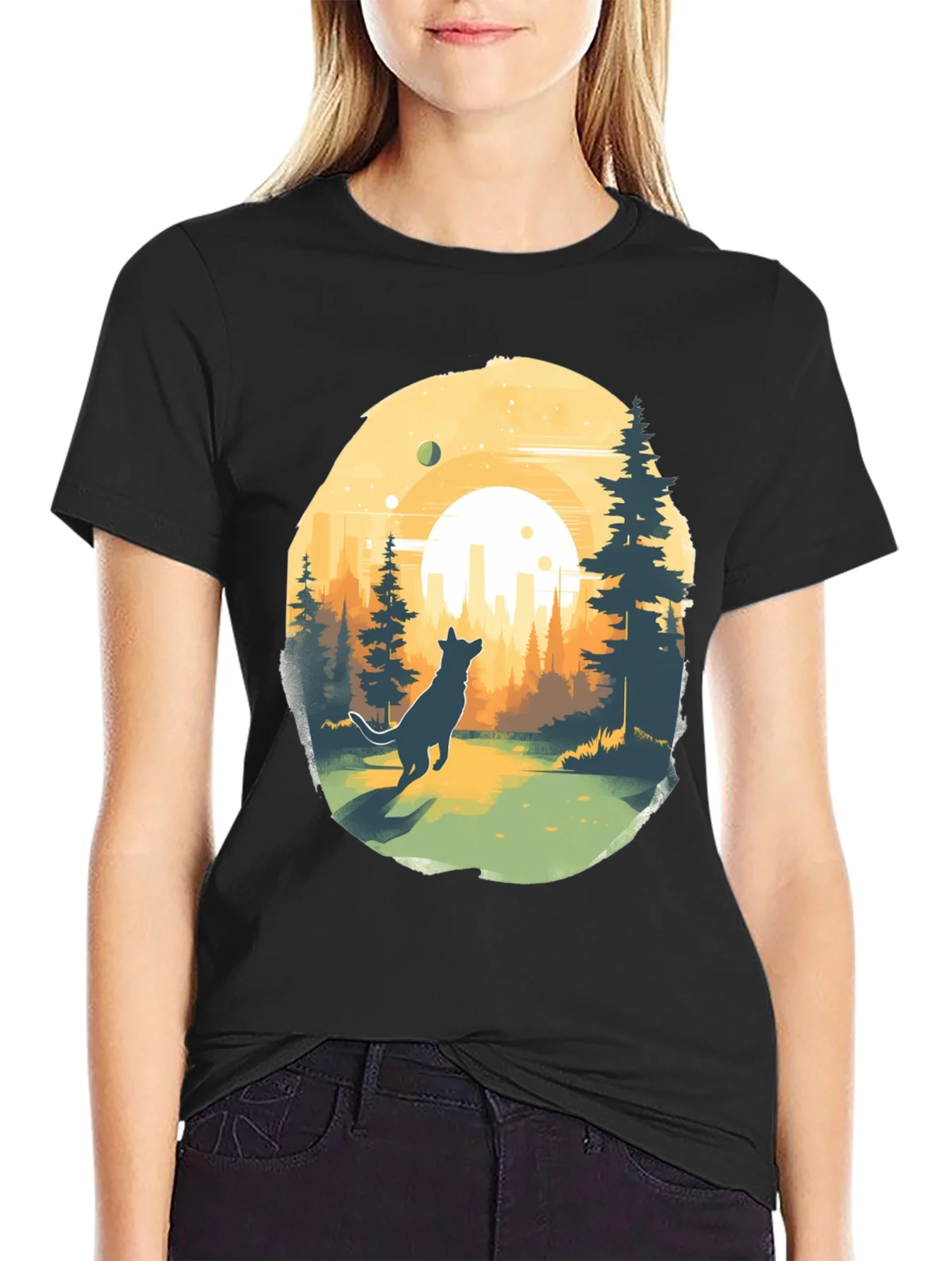 Camiseta Negra Dise?o Lobo y Paisaje Urbano