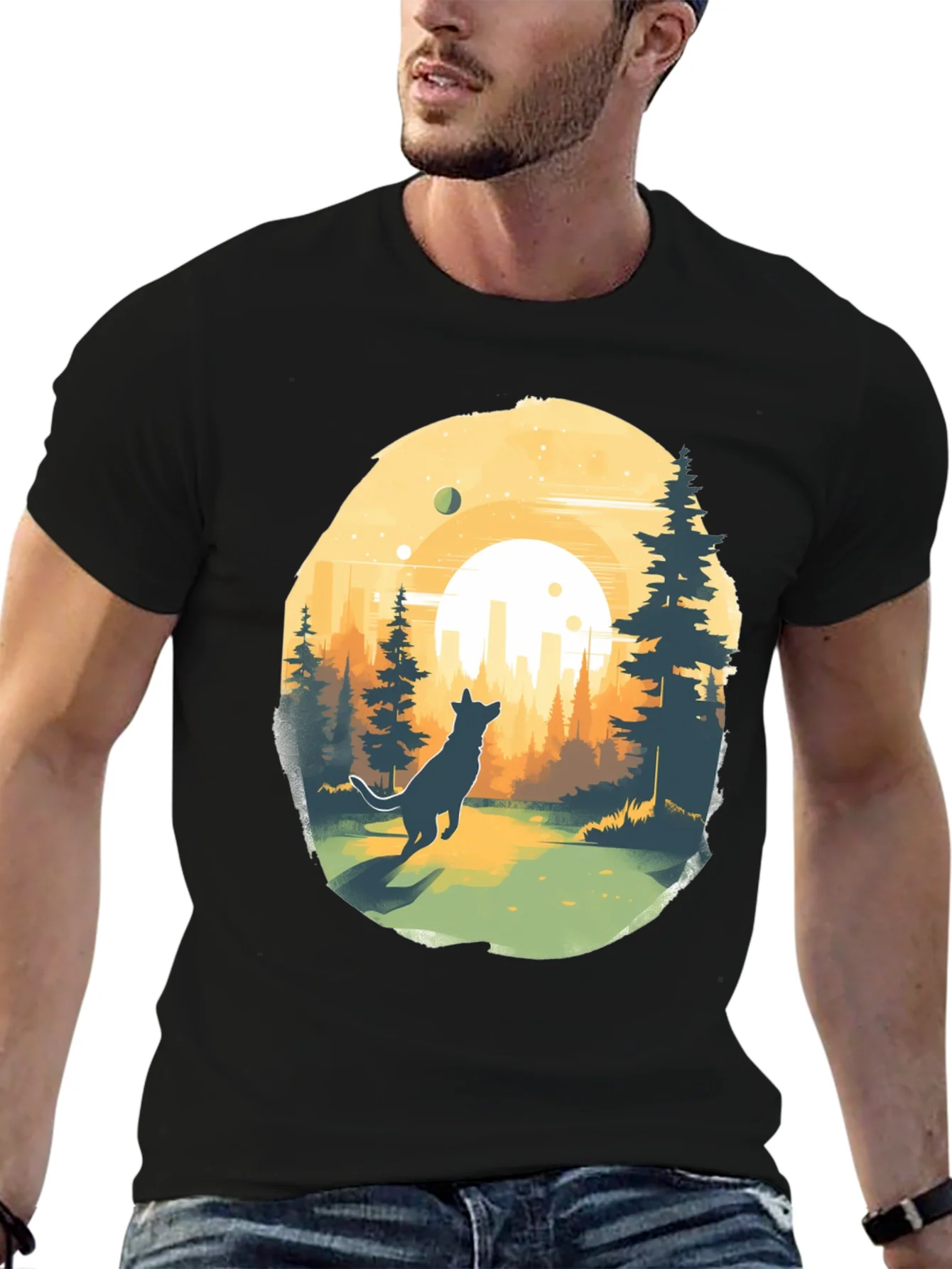 Camiseta Negra Dise?o Lobo y Paisaje Urbano