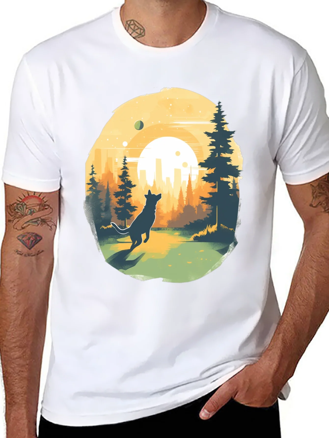 Camiseta Negra Dise?o Lobo y Paisaje Urbano