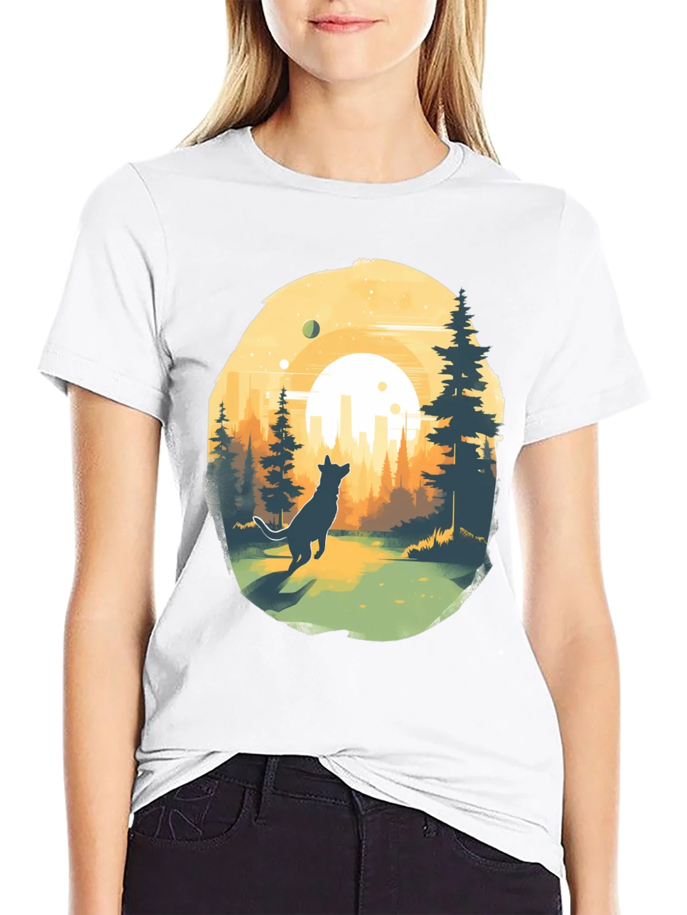 Camiseta Negra Dise?o Lobo y Paisaje Urbano