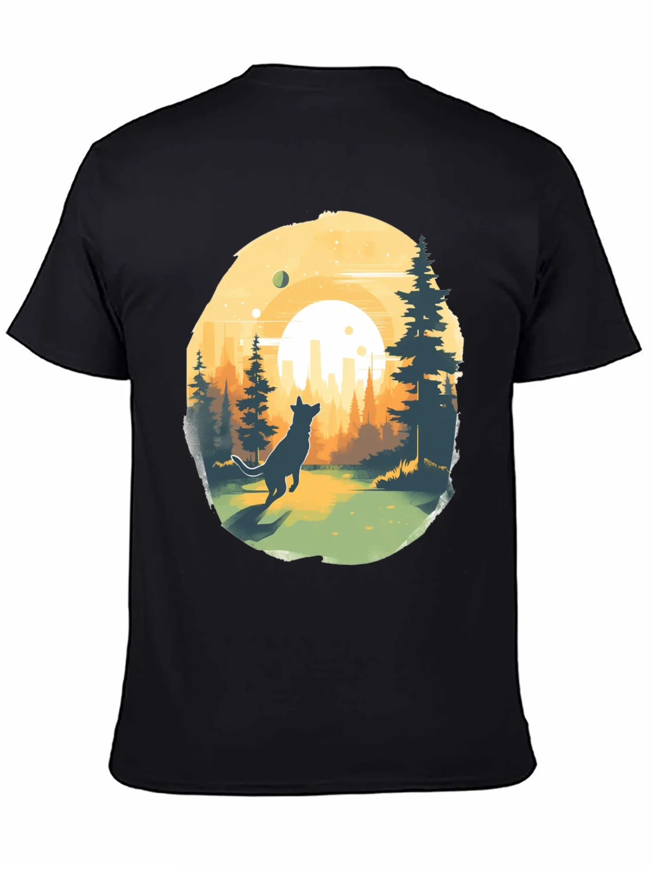 Camiseta Negra Dise?o Lobo y Paisaje Urbano