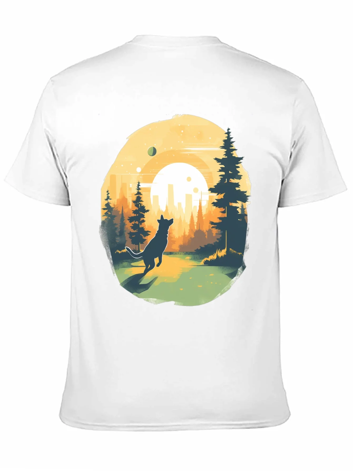 Camiseta Negra Dise?o Lobo y Paisaje Urbano