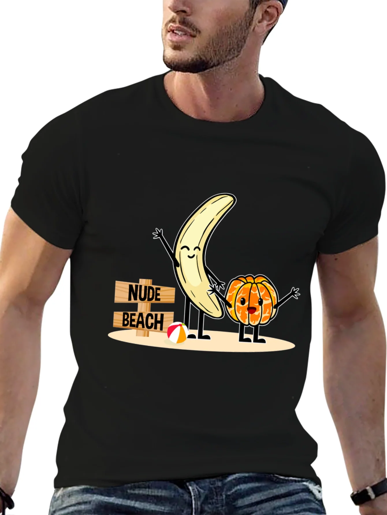 Camiseta Negra Humor¨ªstica: Playa Nudista Frutal