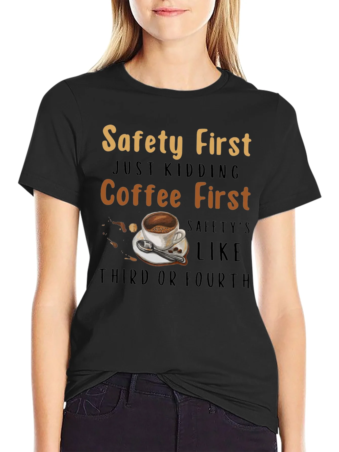 Camiseta Negra Divertida - Seguridad Despu¨¦s del Caf¨¦