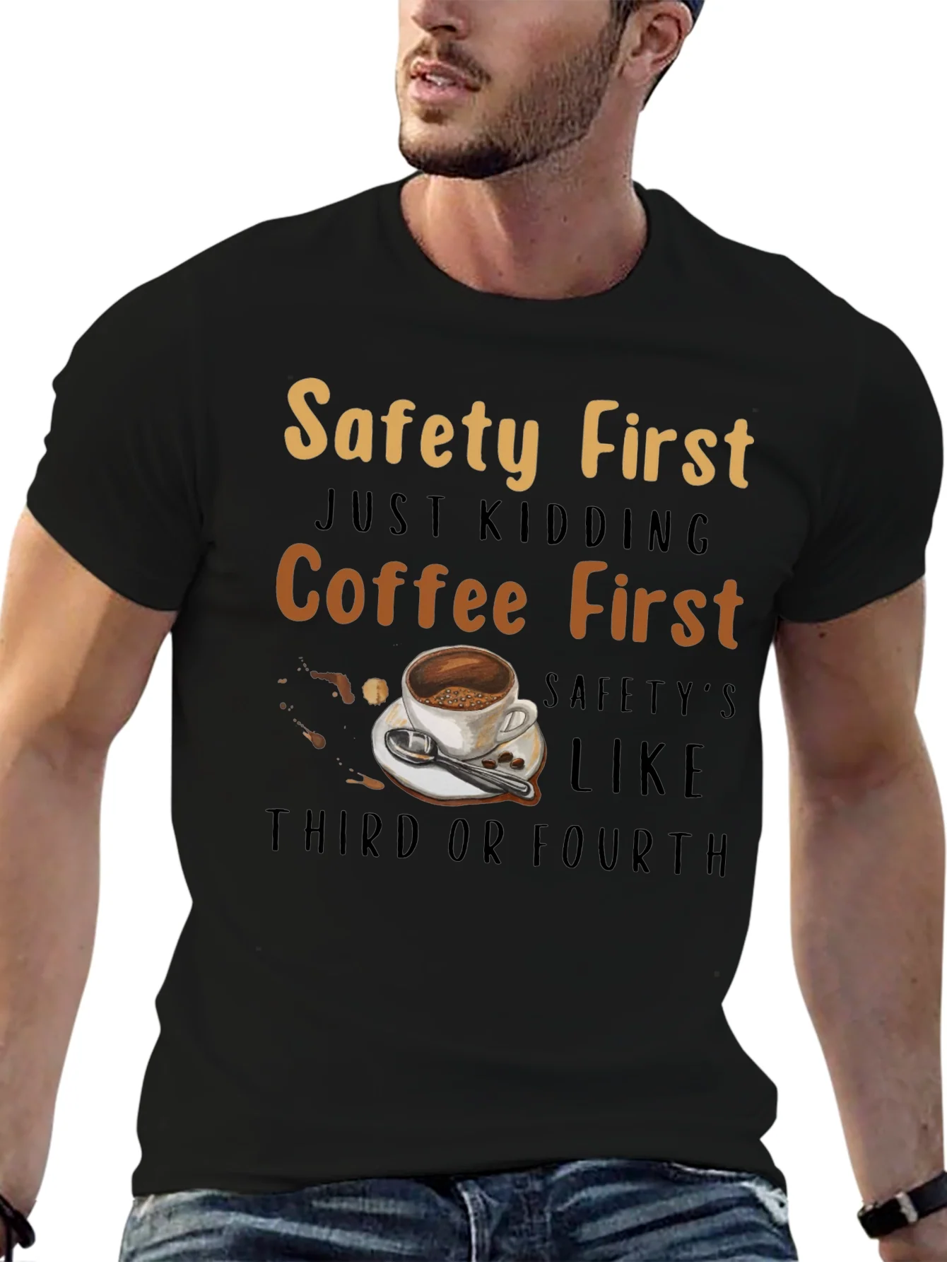 Camiseta Negra Divertida - Seguridad Despu¨¦s del Caf¨¦