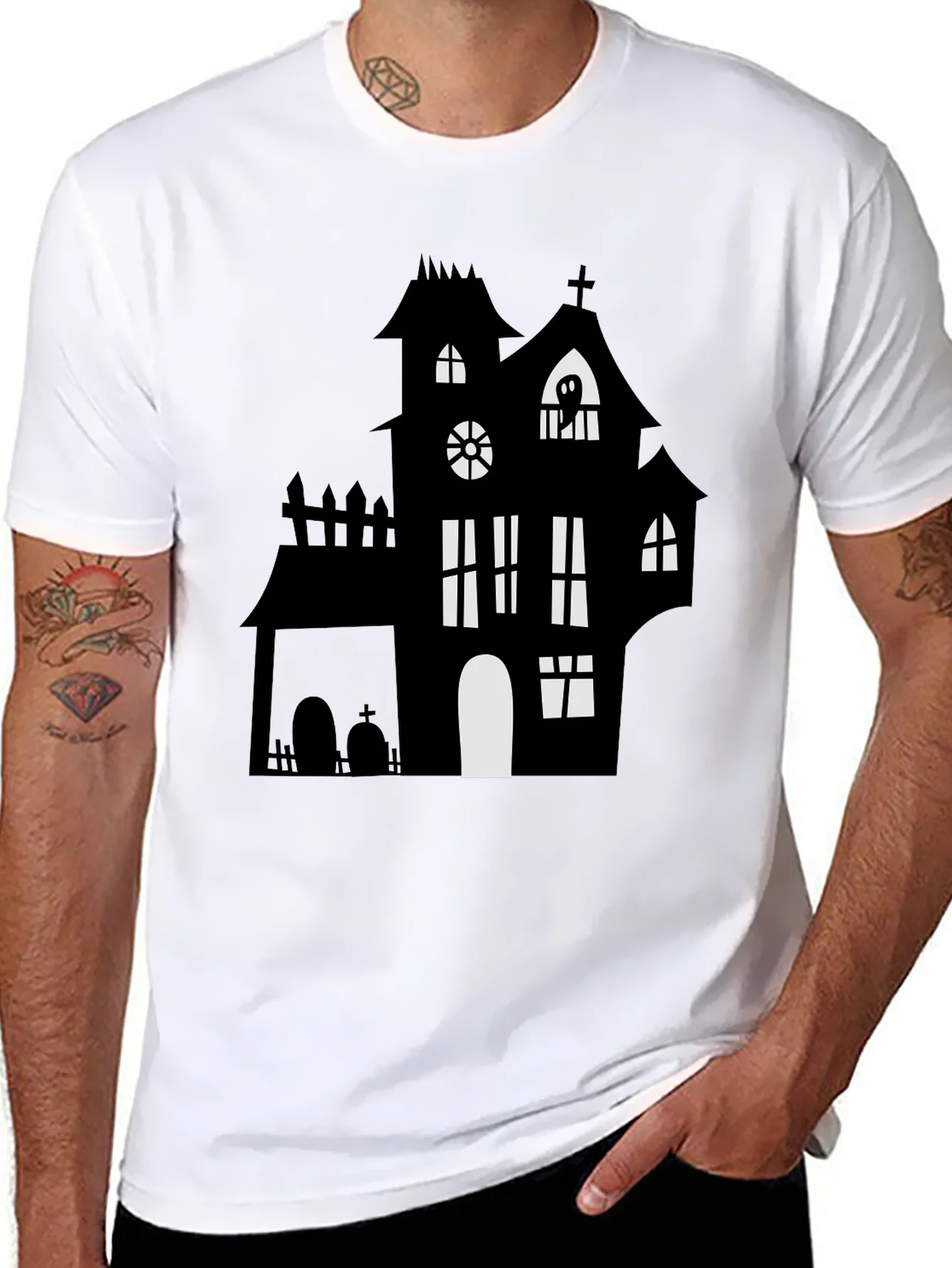 Rebbecca Spooky Halloween Haunted House Graphic Tee - Black