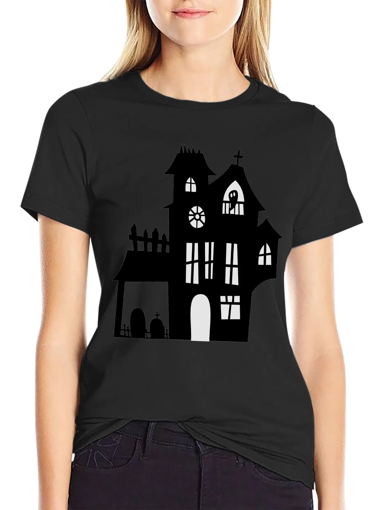 Rebbecca Spooky Halloween Haunted House Graphic Tee - Black