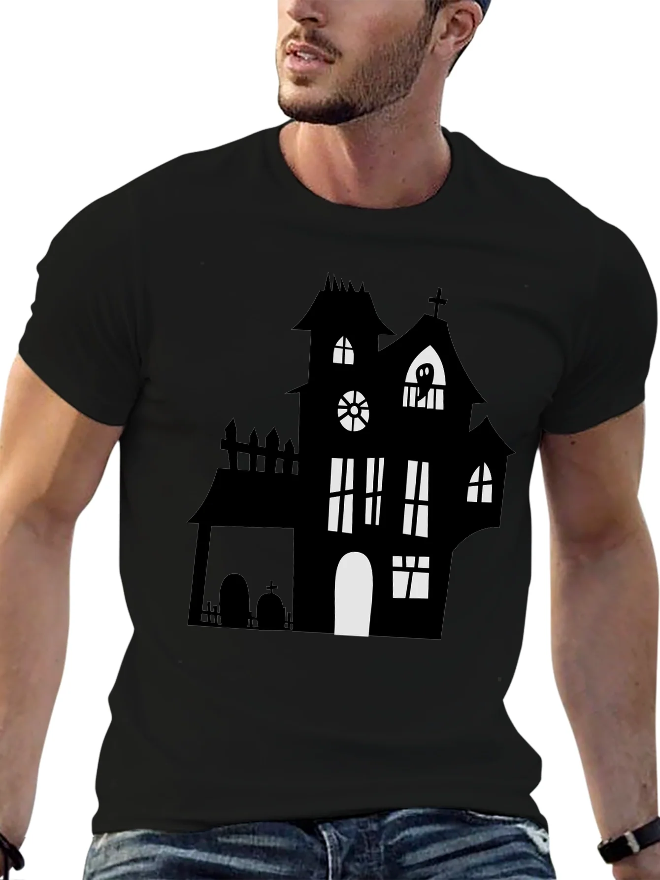 Rebbecca Spooky Halloween Haunted House Graphic Tee - Black
