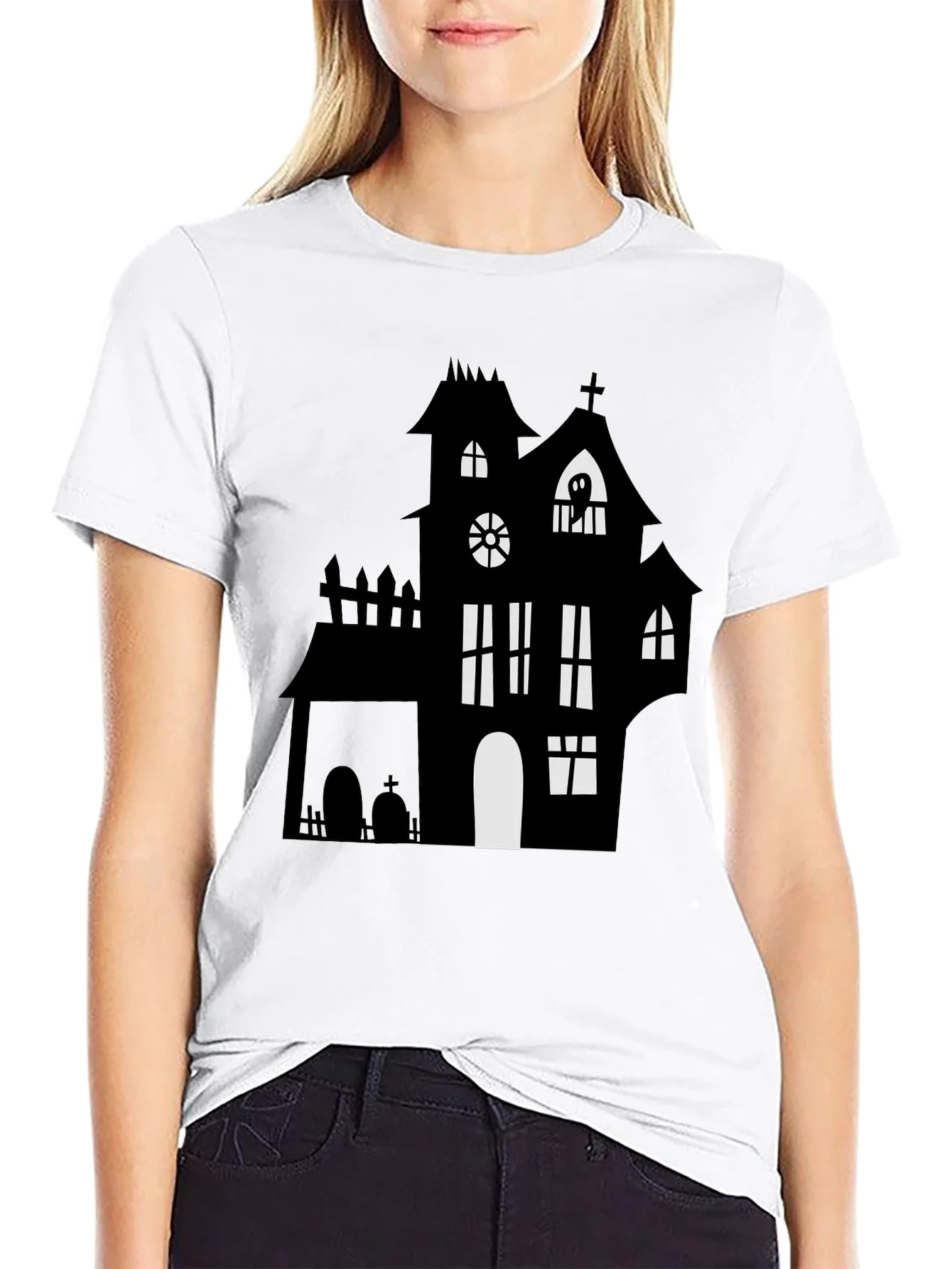 Rebbecca Spooky Halloween Haunted House Graphic Tee - Black