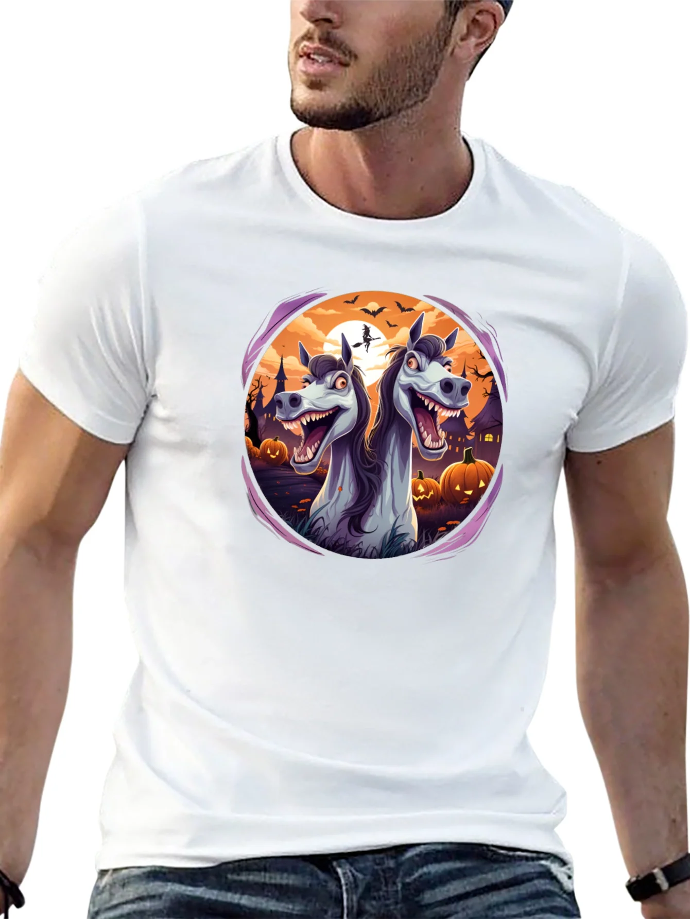 Camiseta Negra con Dise?o Halloween de Caballos