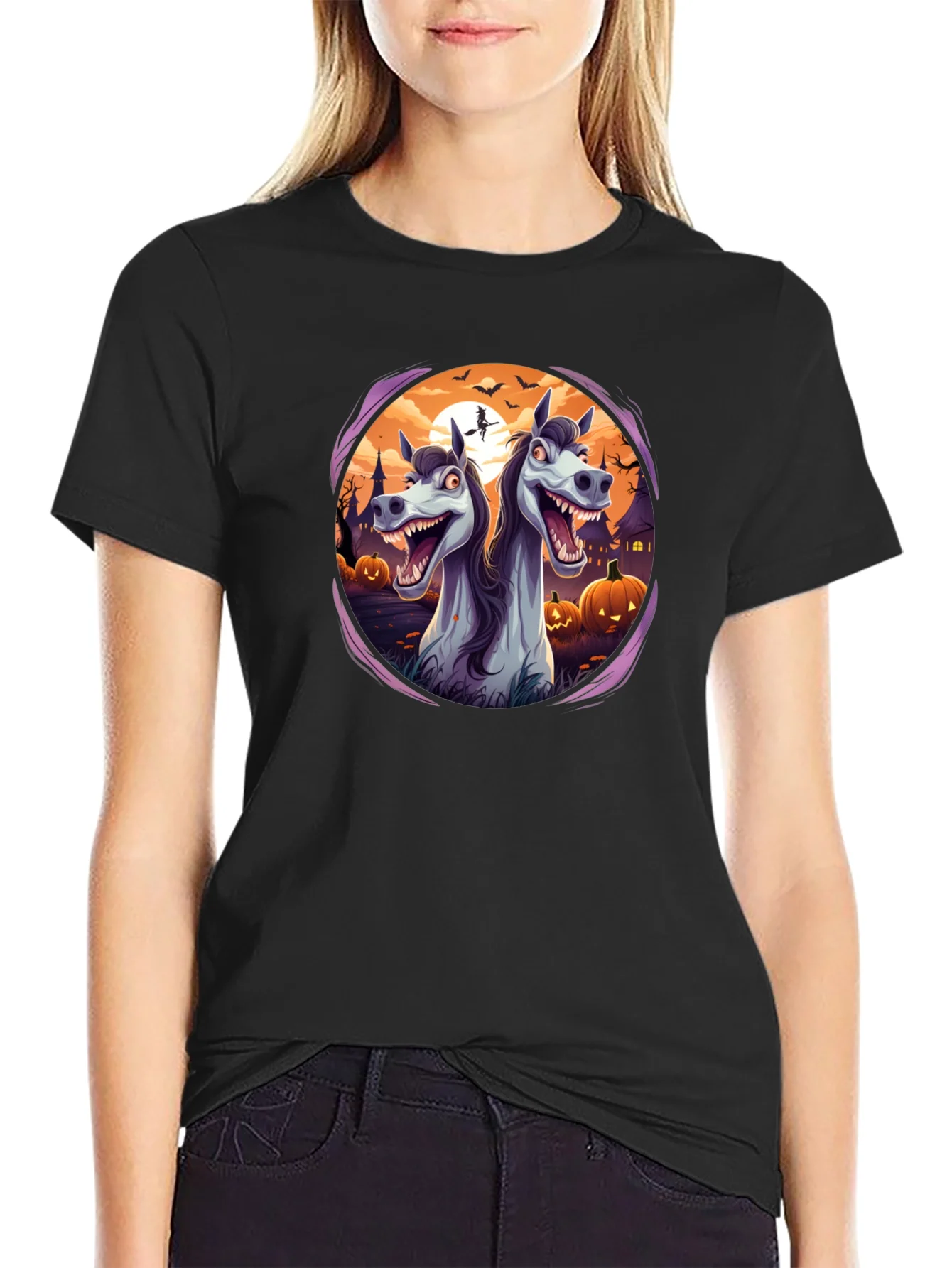 Camiseta Negra con Dise?o Halloween de Caballos