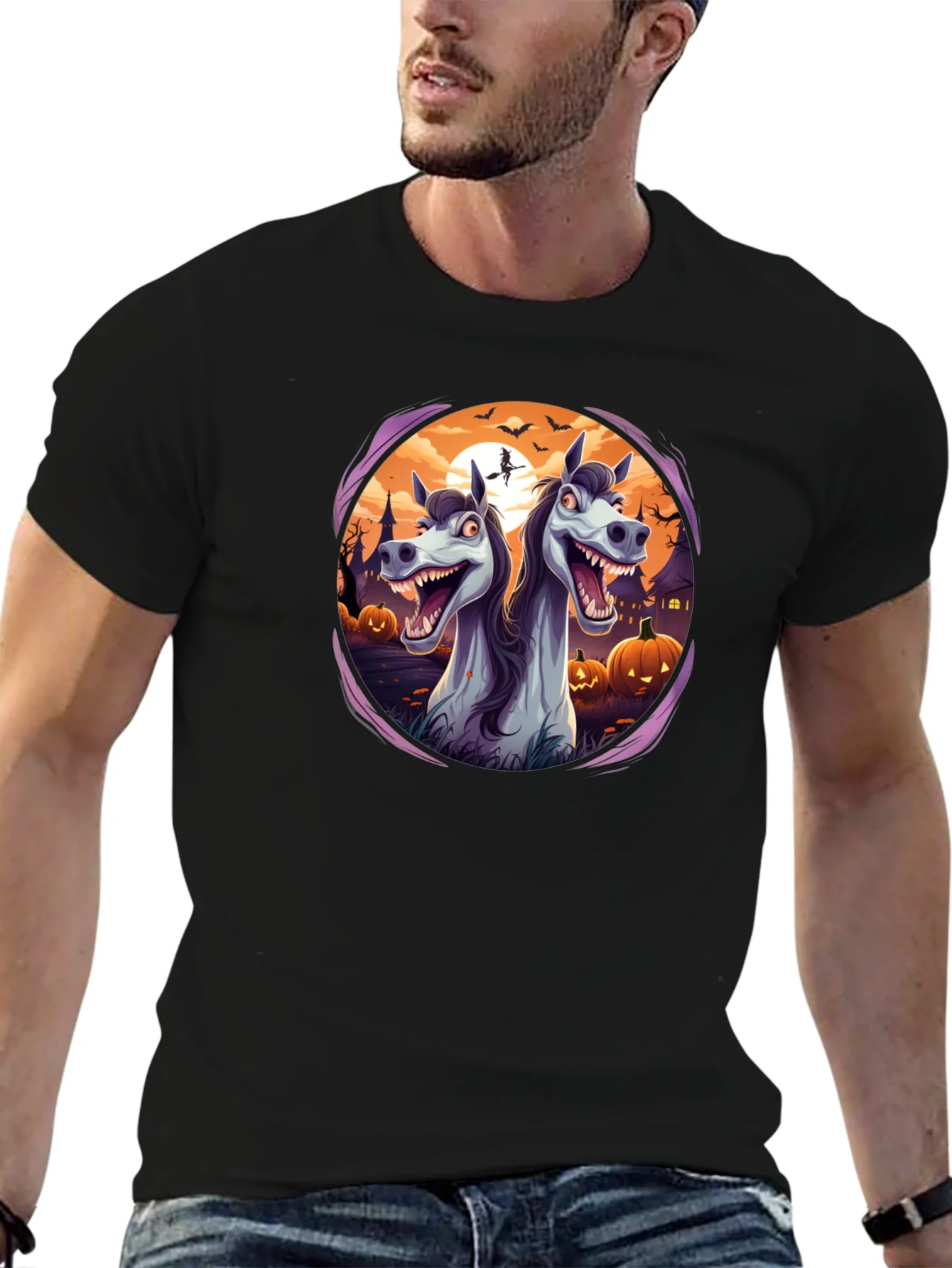 Camiseta Negra con Dise?o Halloween de Caballos