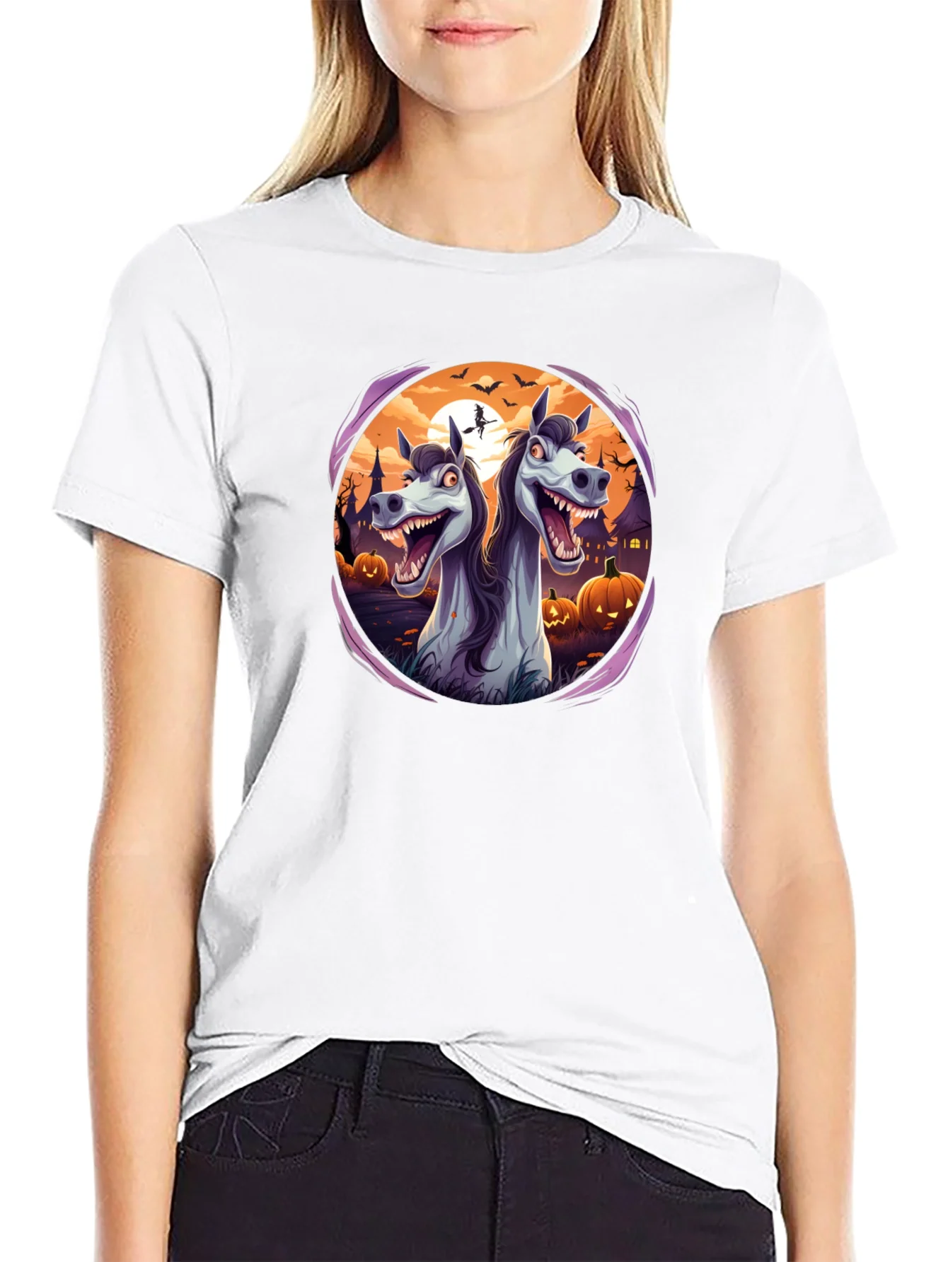 Camiseta Negra con Dise?o Halloween de Caballos