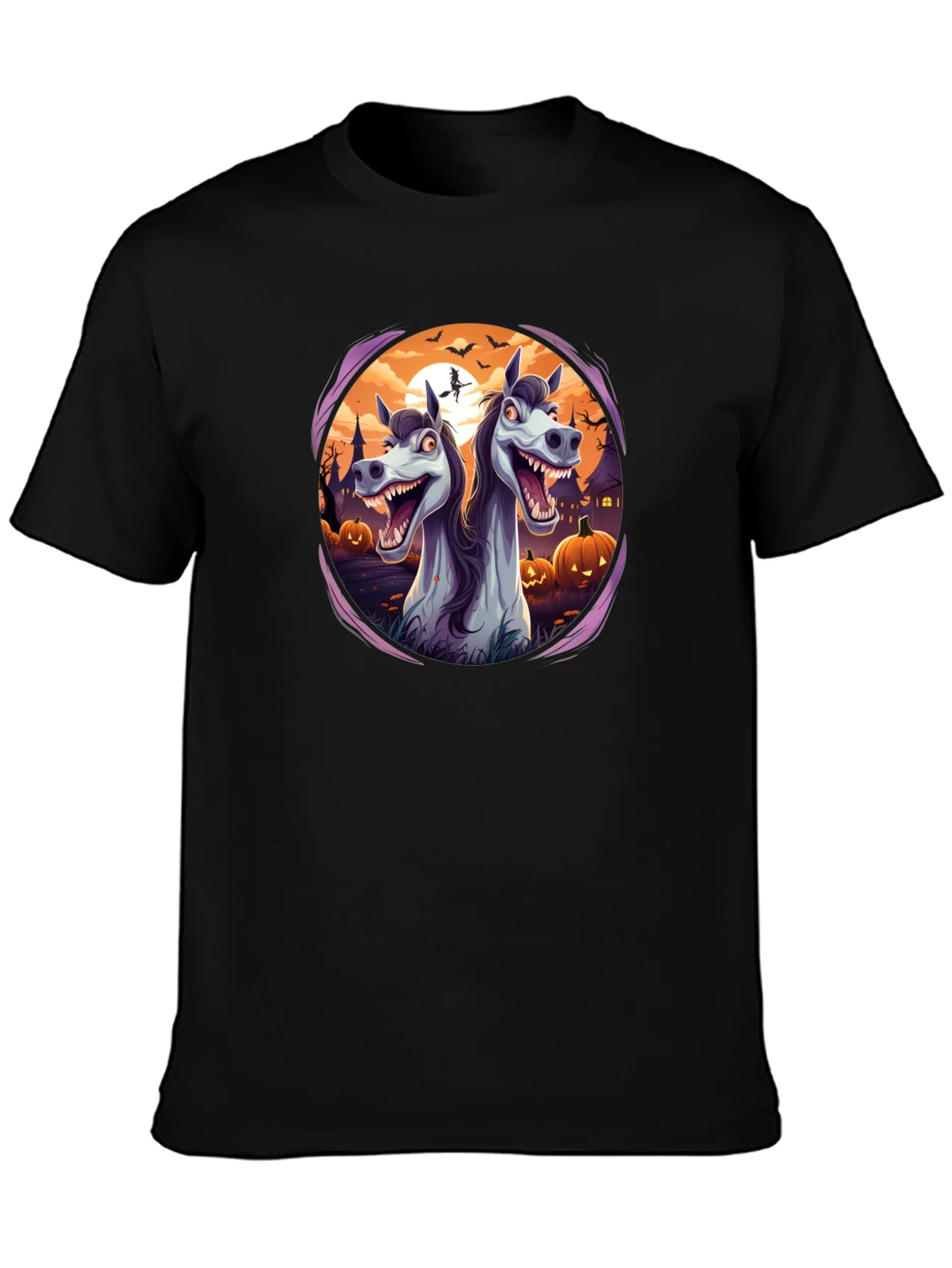 Camiseta Negra con Dise?o Halloween de Caballos