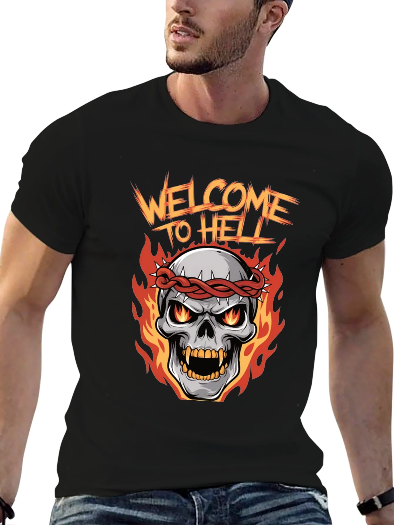 Camiseta Negra Welcome to Hell Calavera en Llamas