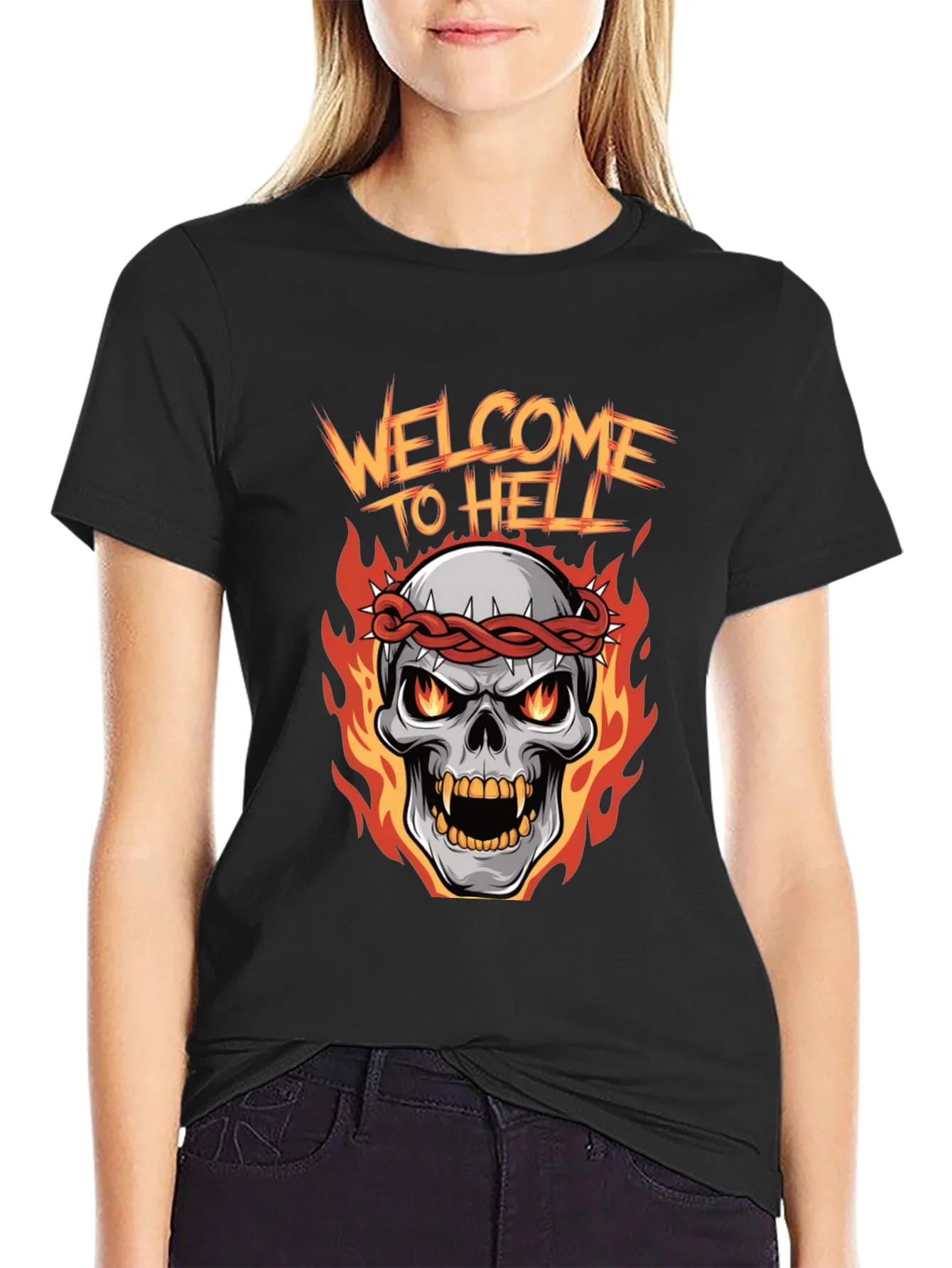 Camiseta Negra Welcome to Hell Calavera en Llamas