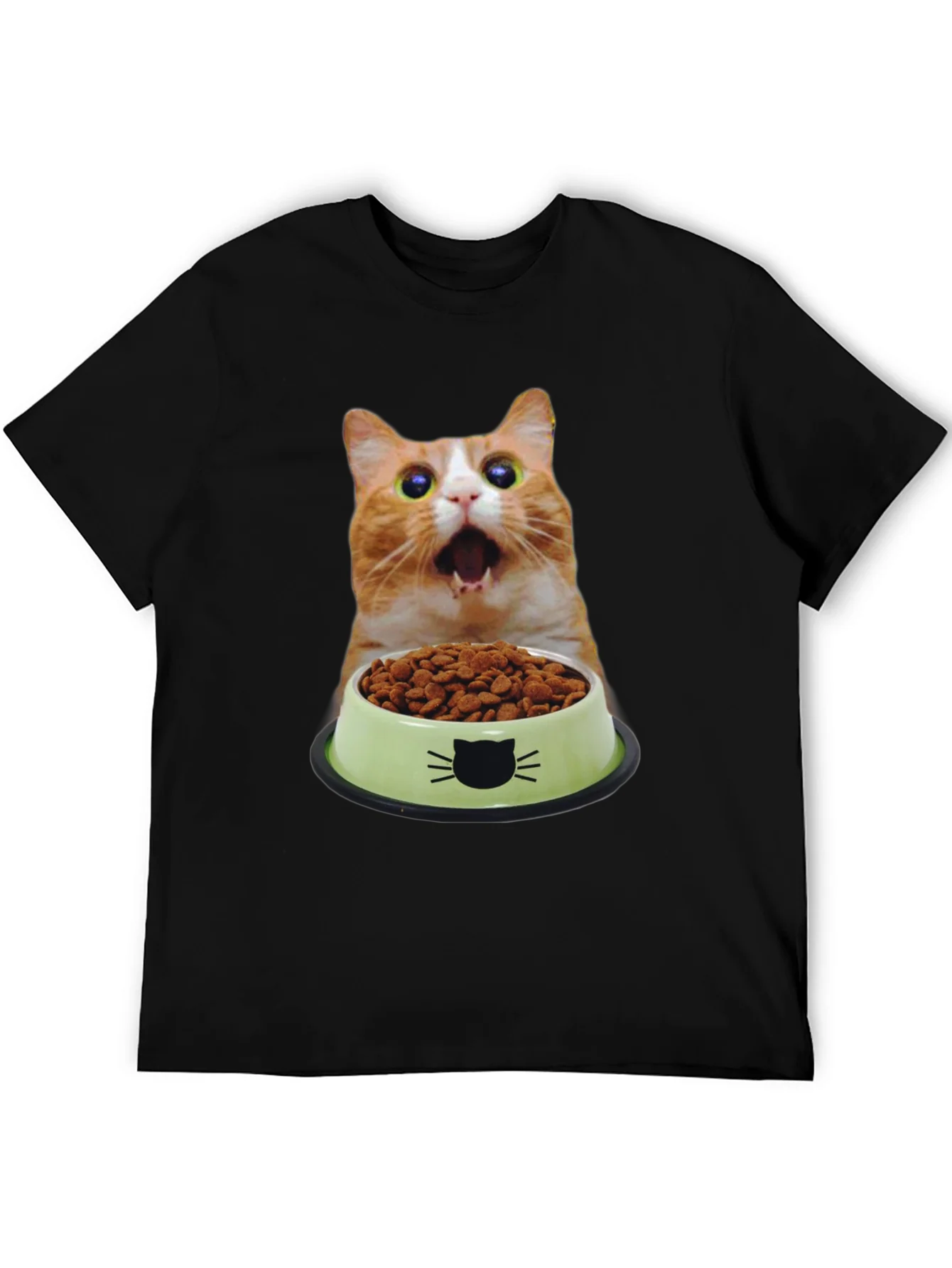 Camiseta Negra con Dise?o Gato Sorprendido y Comida