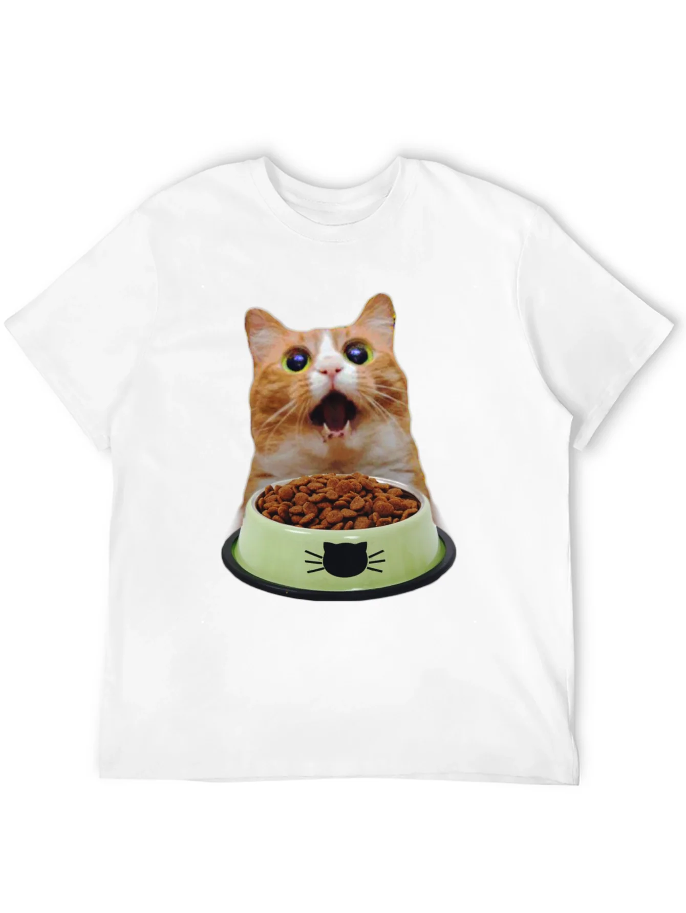 Camiseta Negra con Dise?o Gato Sorprendido y Comida