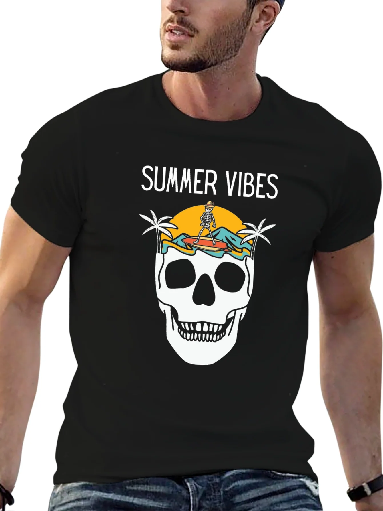 Camiseta Negra Summer Vibes con Calavera Surfista