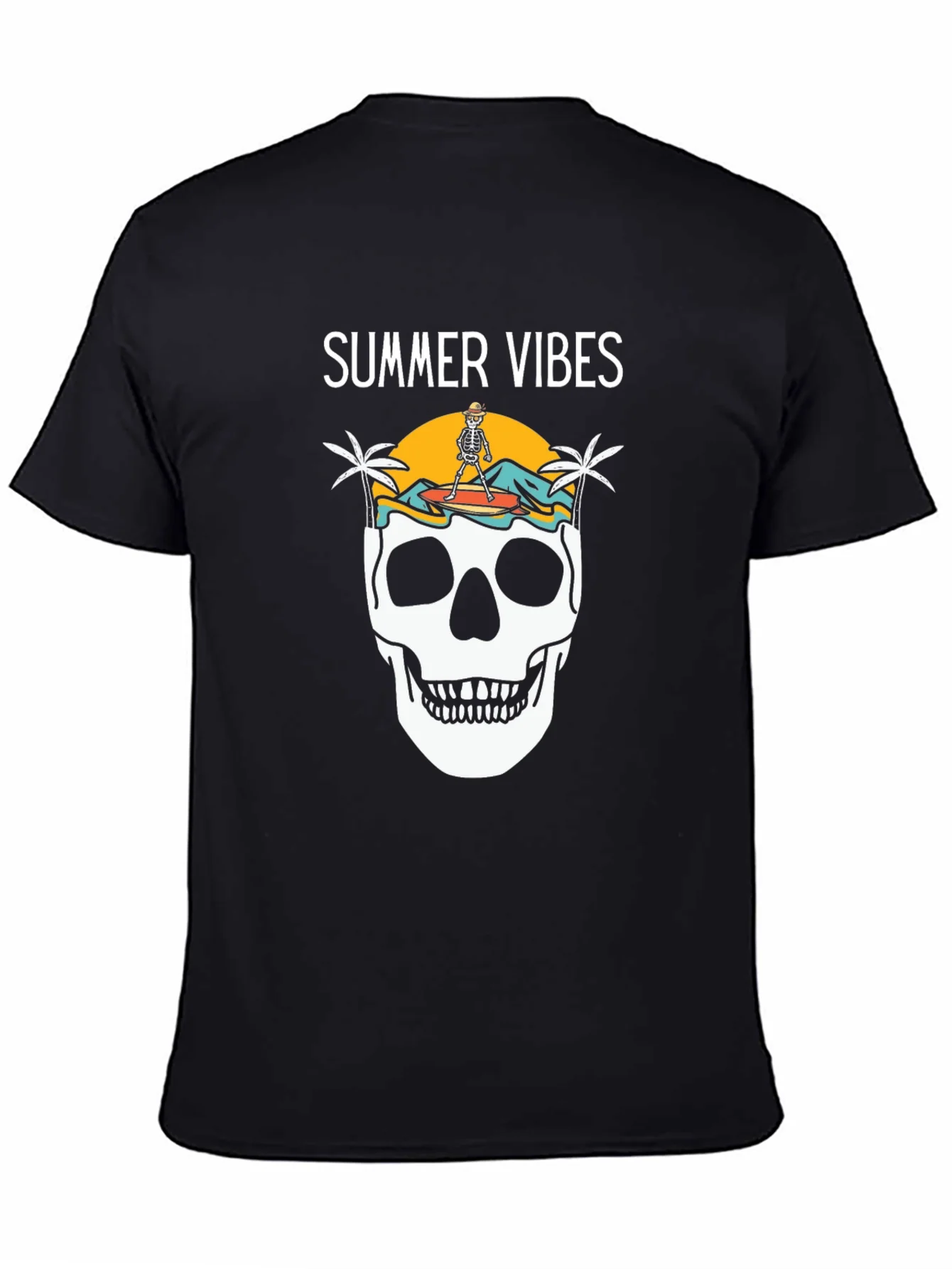 Camiseta Negra Summer Vibes con Calavera Surfista