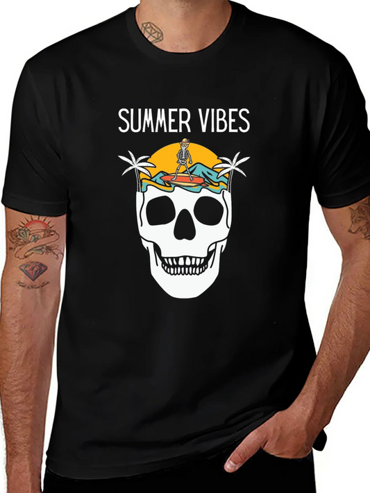 Camiseta Negra Summer Vibes con Calavera Surfista