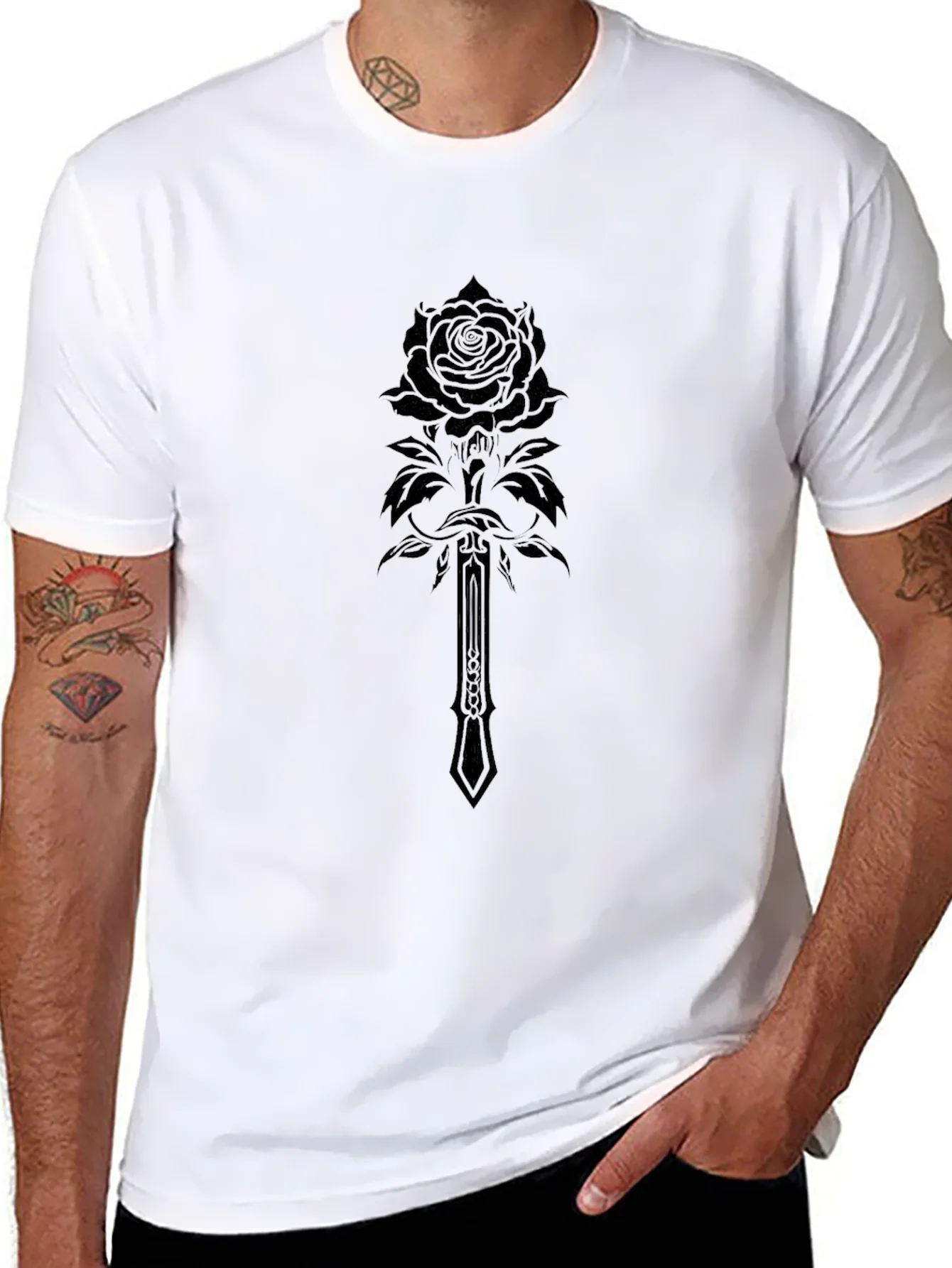 Camiseta Negra Hombre Dise?o Rosa y Espada