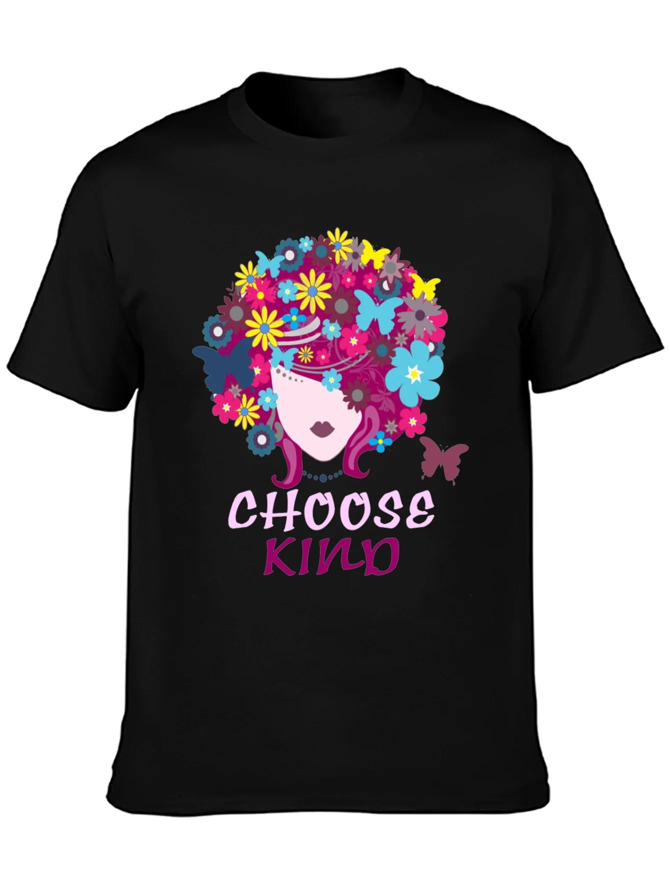 Camiseta Negra Choose Kind con Flores y Mariposas